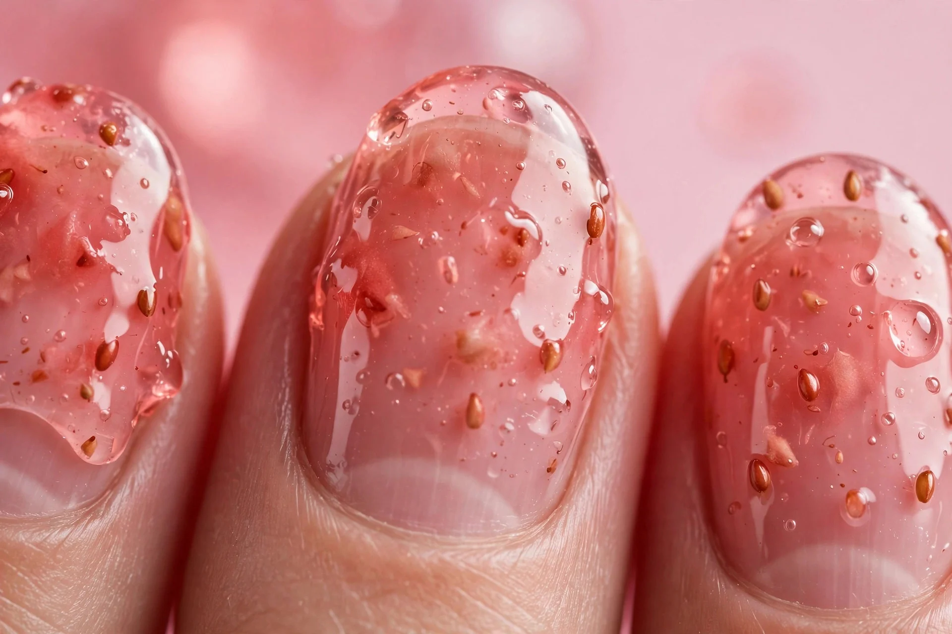 Oval nails with translucent strawberry jelly, natural nail line showing through, glossy, pink background