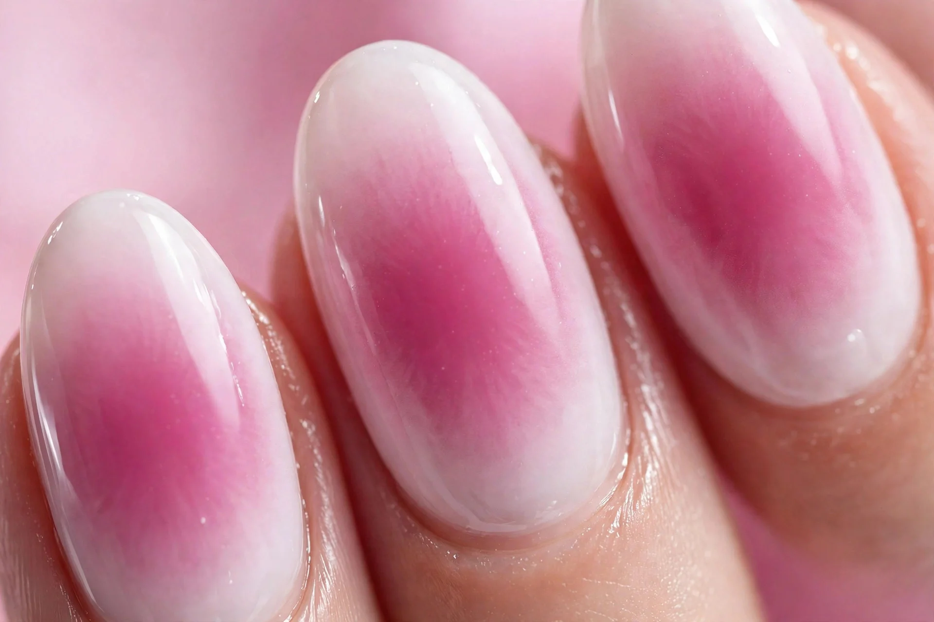 Almond nails with strawberry milk aura, deeper cool pink center fading to milky edges, glossy, pink background