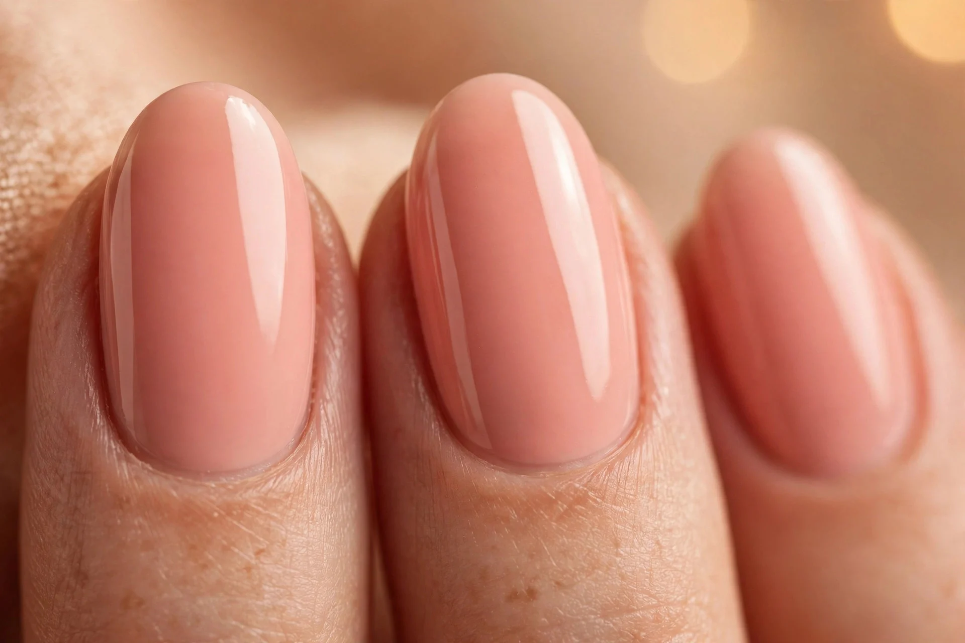 Almond nails with creamy peachy-warm strawberry milk, full coverage, glossy, warm background