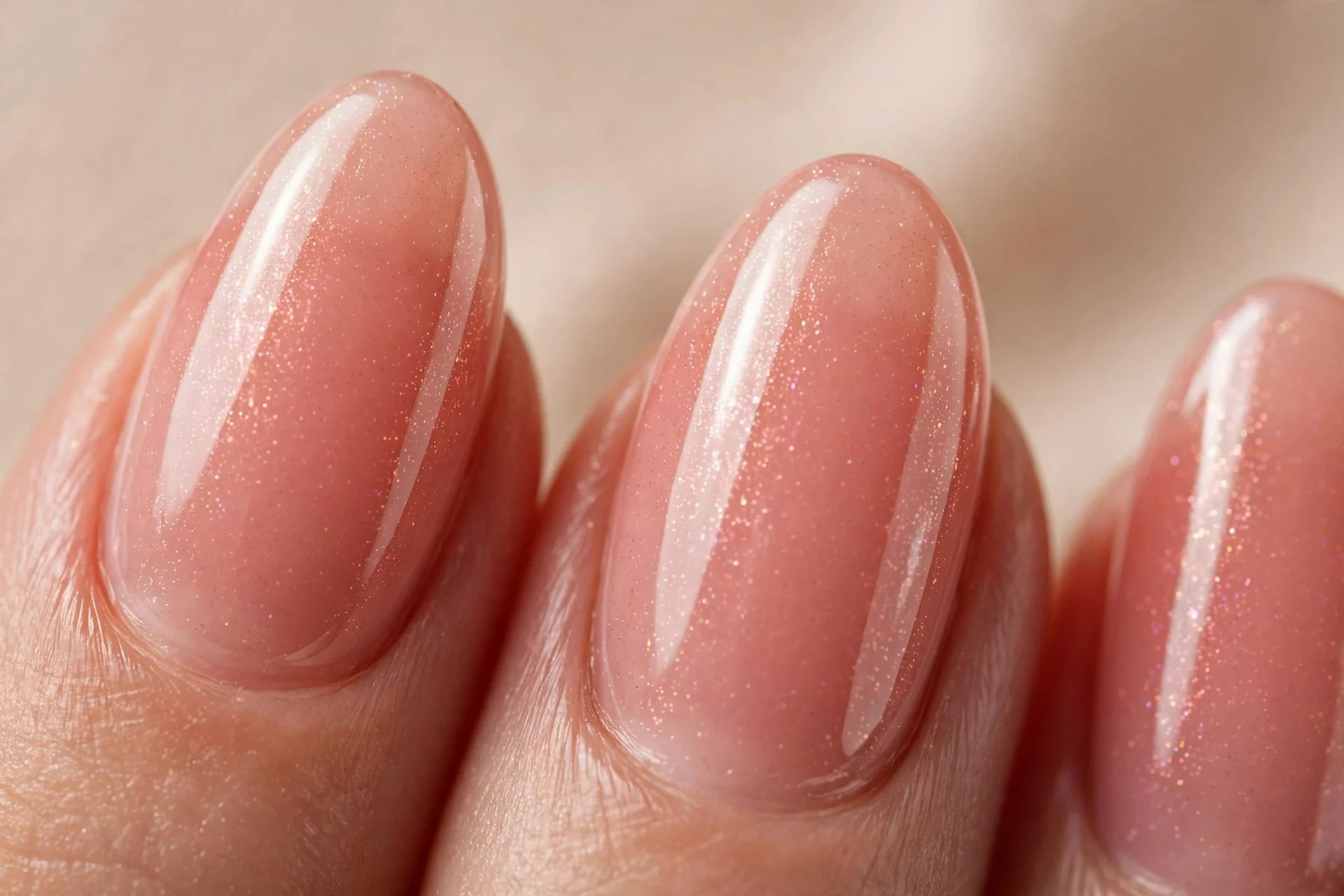 Almond nails with warm strawberry milk and sheer shimmer glaze, glazed donut finish, beige background