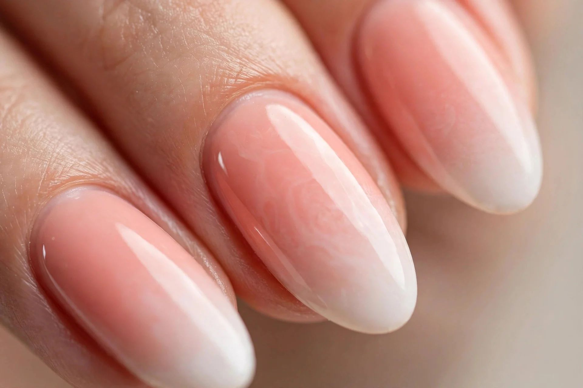 Almond nails with peachy strawberry milk fading to white tips, ombr&eacute;, glossy, beige background