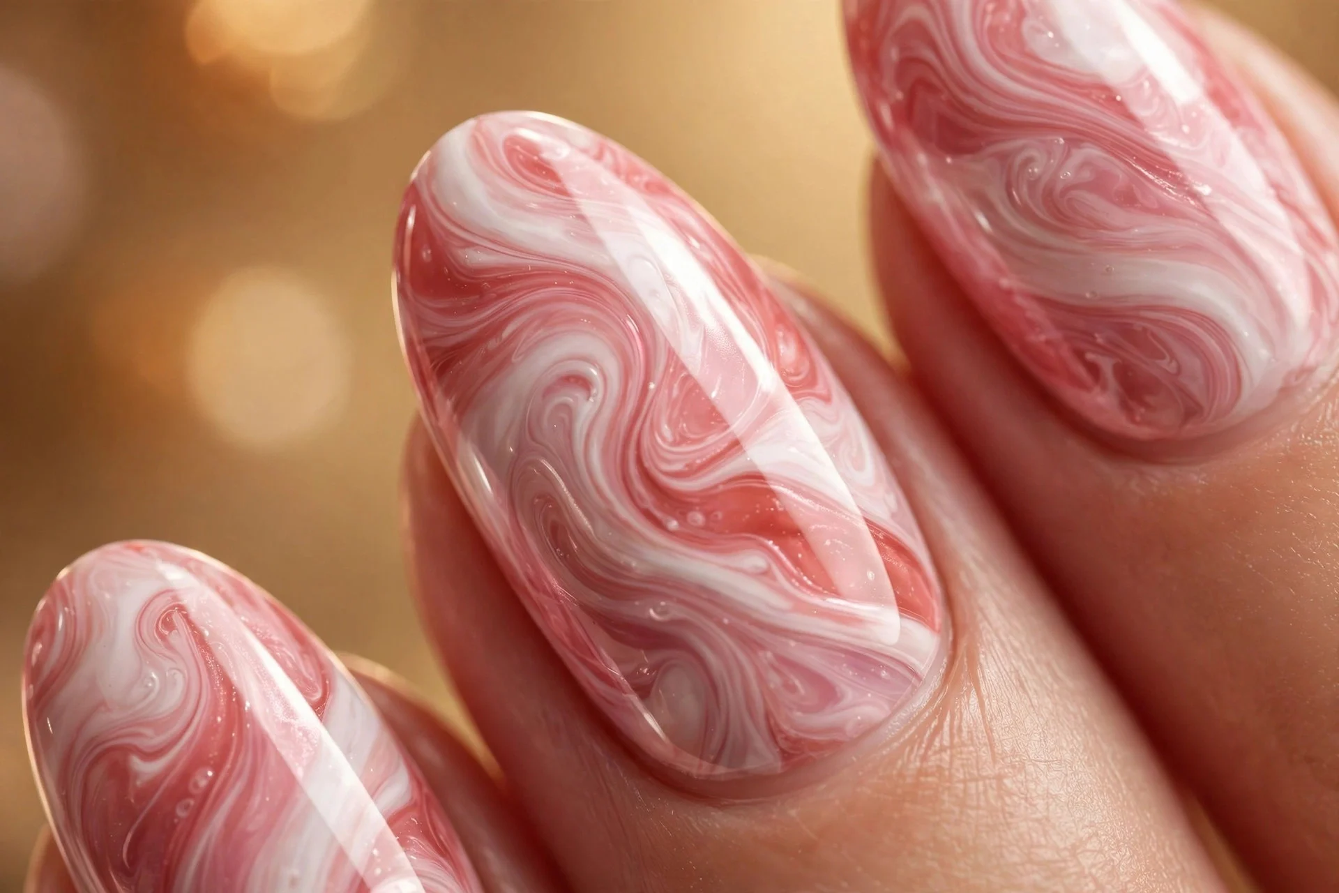Almond nails with strawberry milk marble swirled with white and rose, glossy, warm background