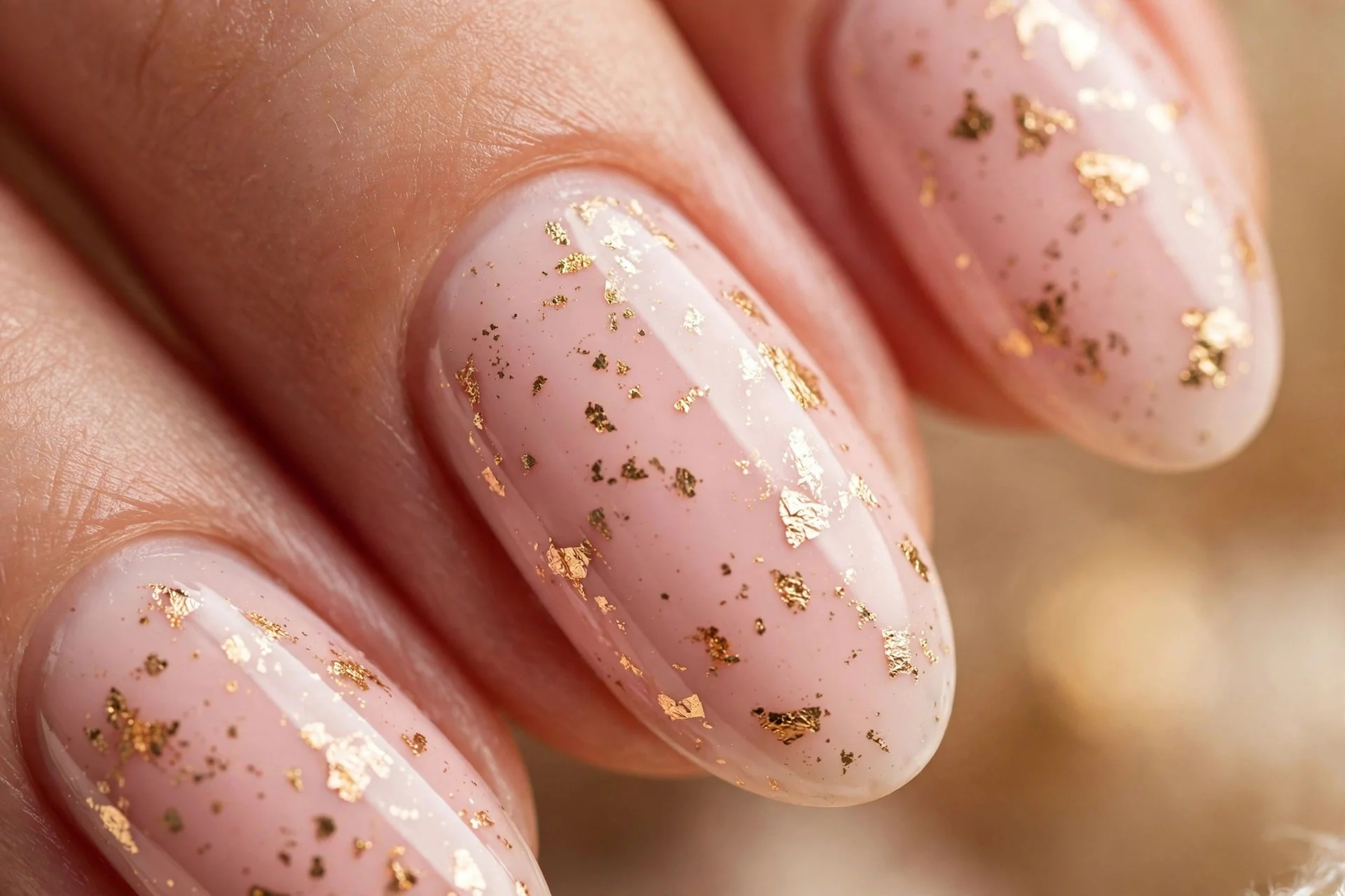 Almond nails with creamy strawberry milk and gold foil flecks, glossy, warm background