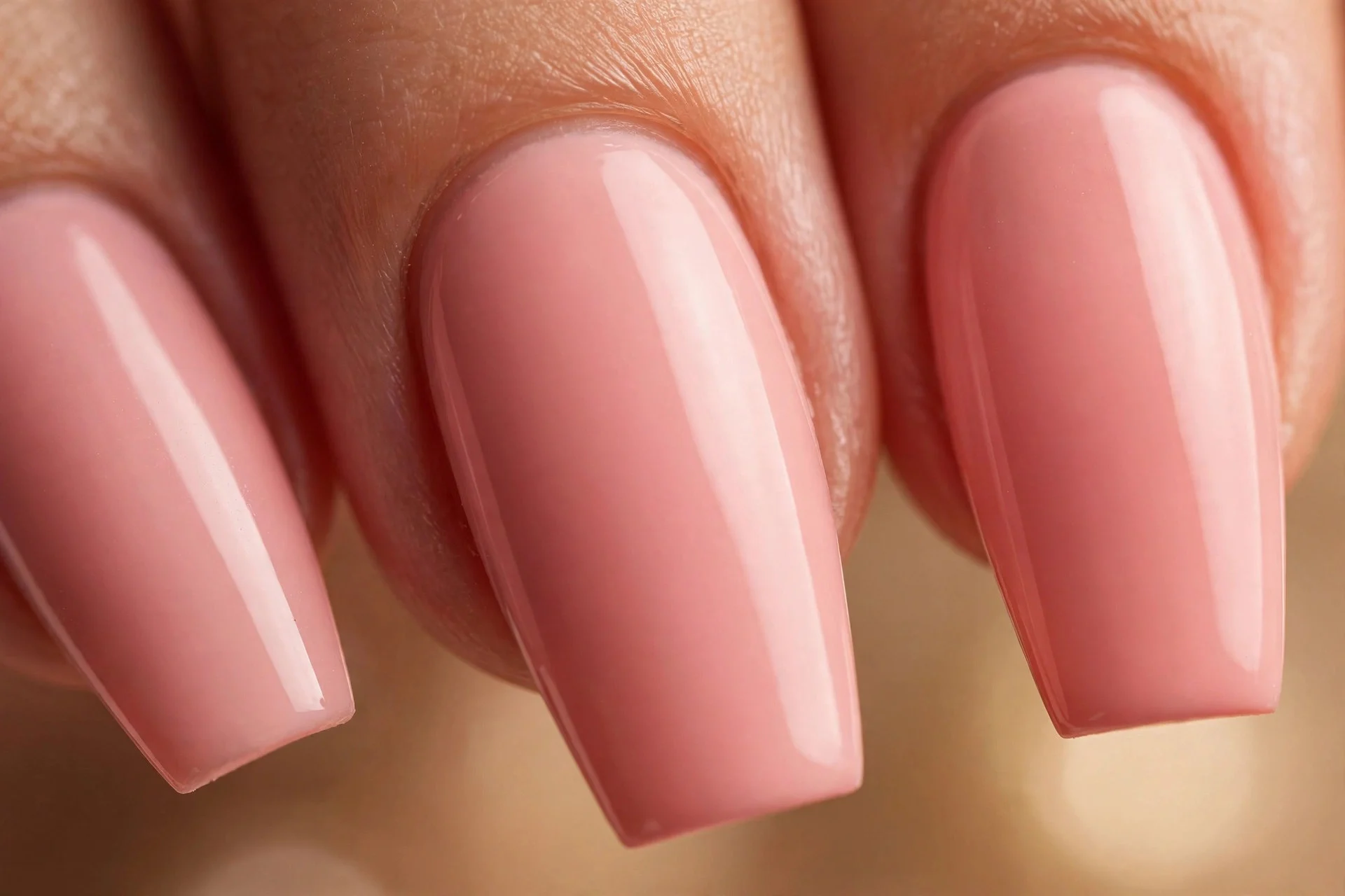Coffin nails with deep warm strawberry milk cream, saturated opaque, glossy, warm background