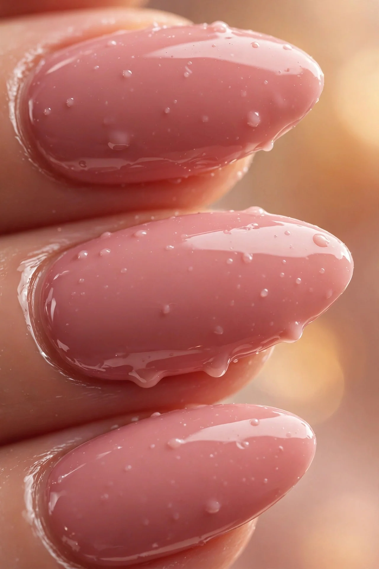Almond nails with strawberry rose-mauve milk, glossy opaque, warm background