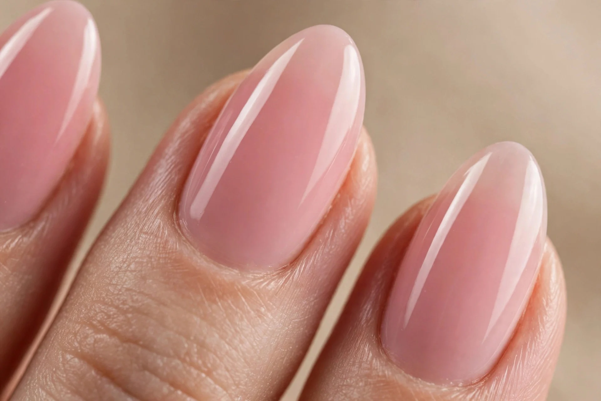 Short almond nails with balanced neutral strawberry milk pink, glossy, beige background