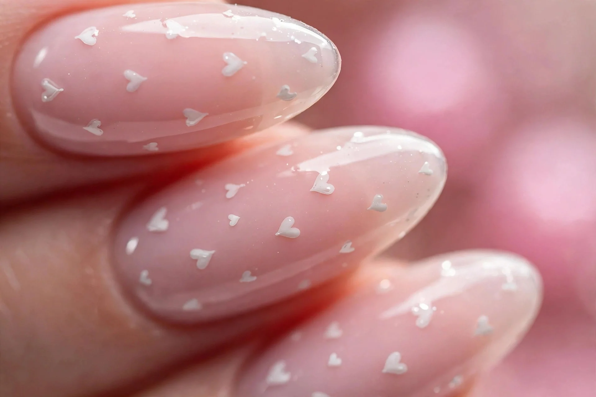 Almond nails with strawberry milk base and tiny white hand-painted hearts, glossy, pink background