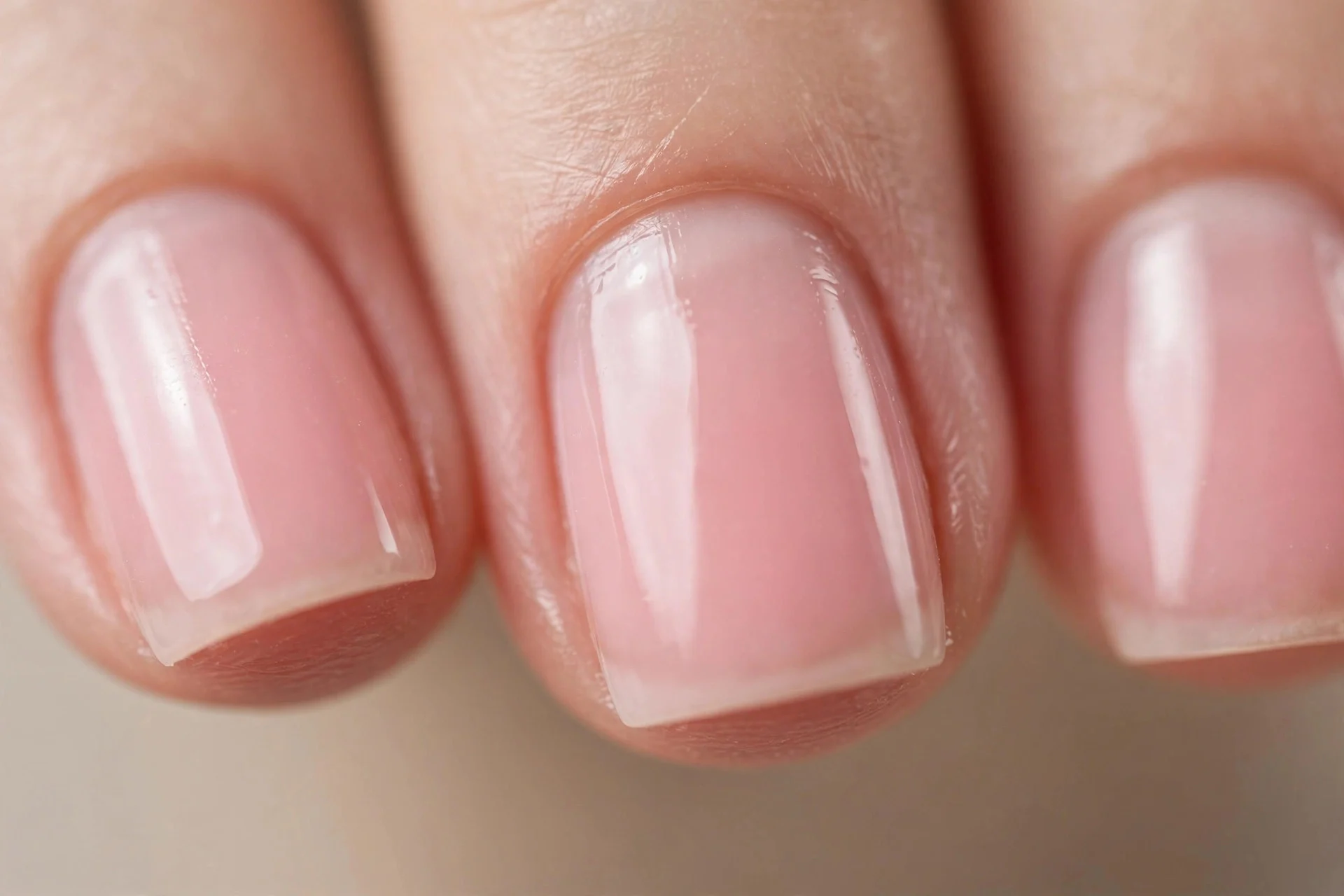 Short square nails with sheer strawberry milk, glossy, beige background