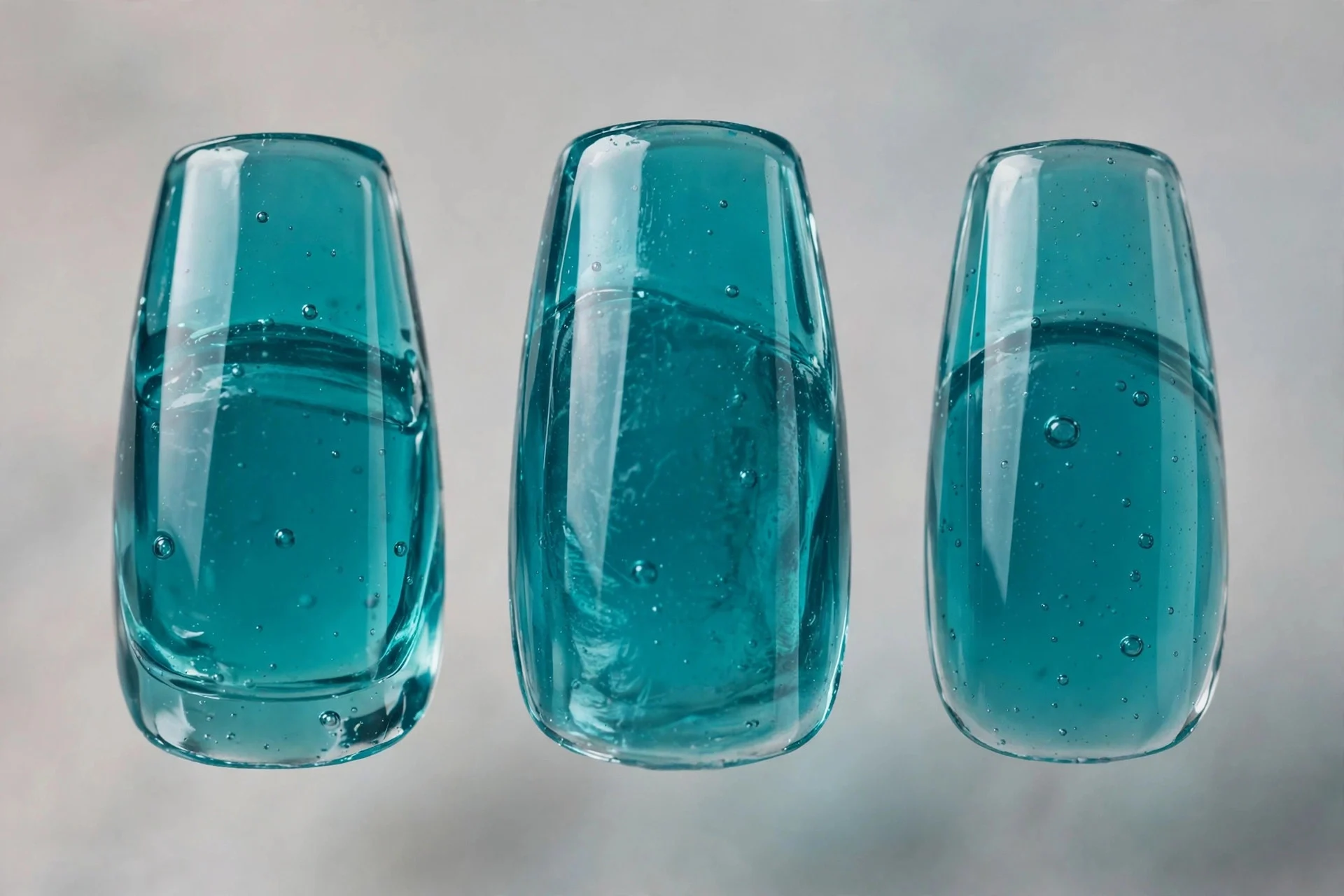 Translucent teal jelly nails, medium coffin nails, glassy