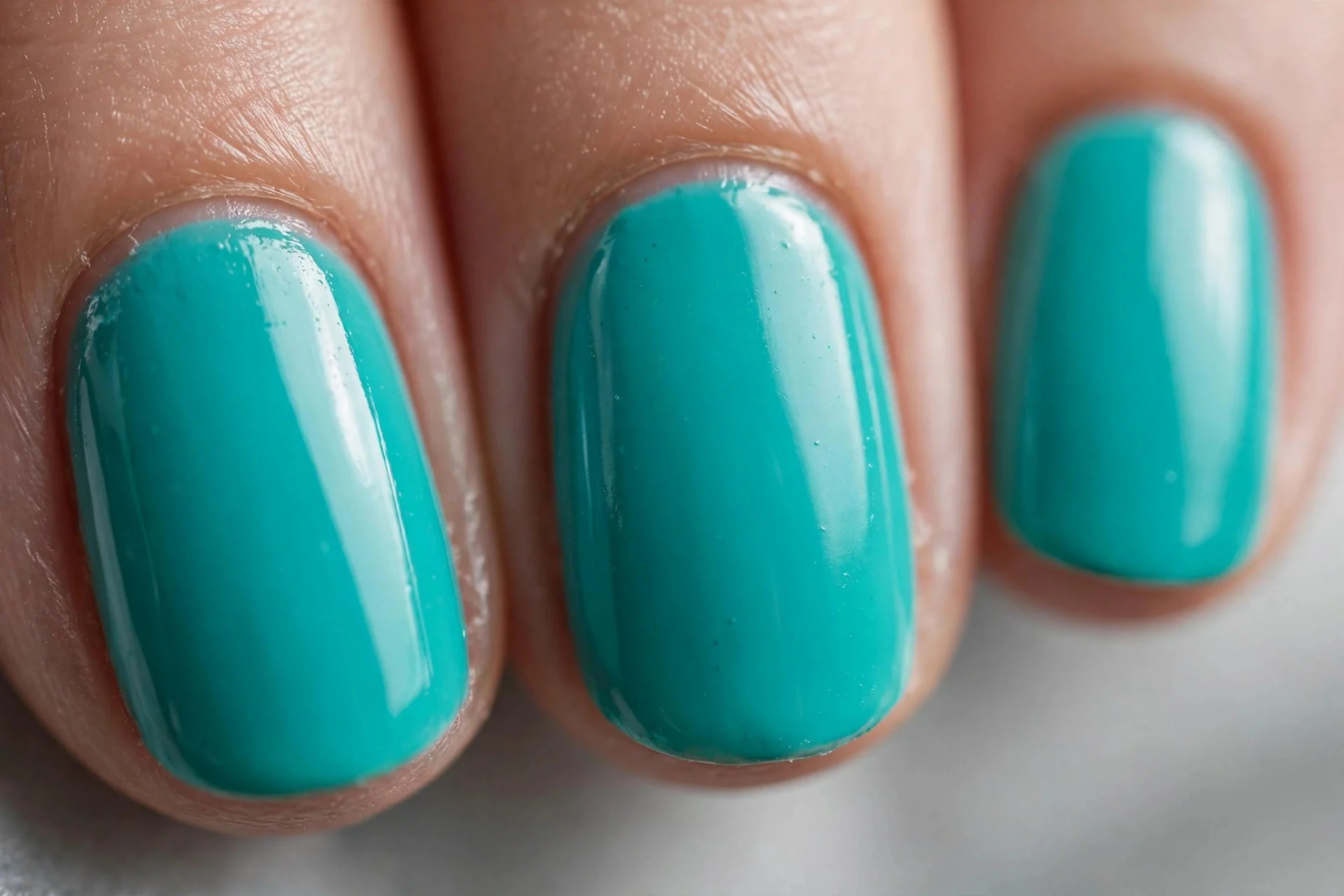 Bright opaque teal cream polish, short oval nails, glossy