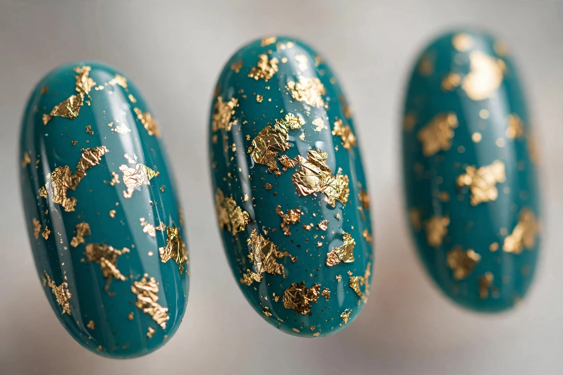Teal nails with gold foil flakes, almond nails, glossy