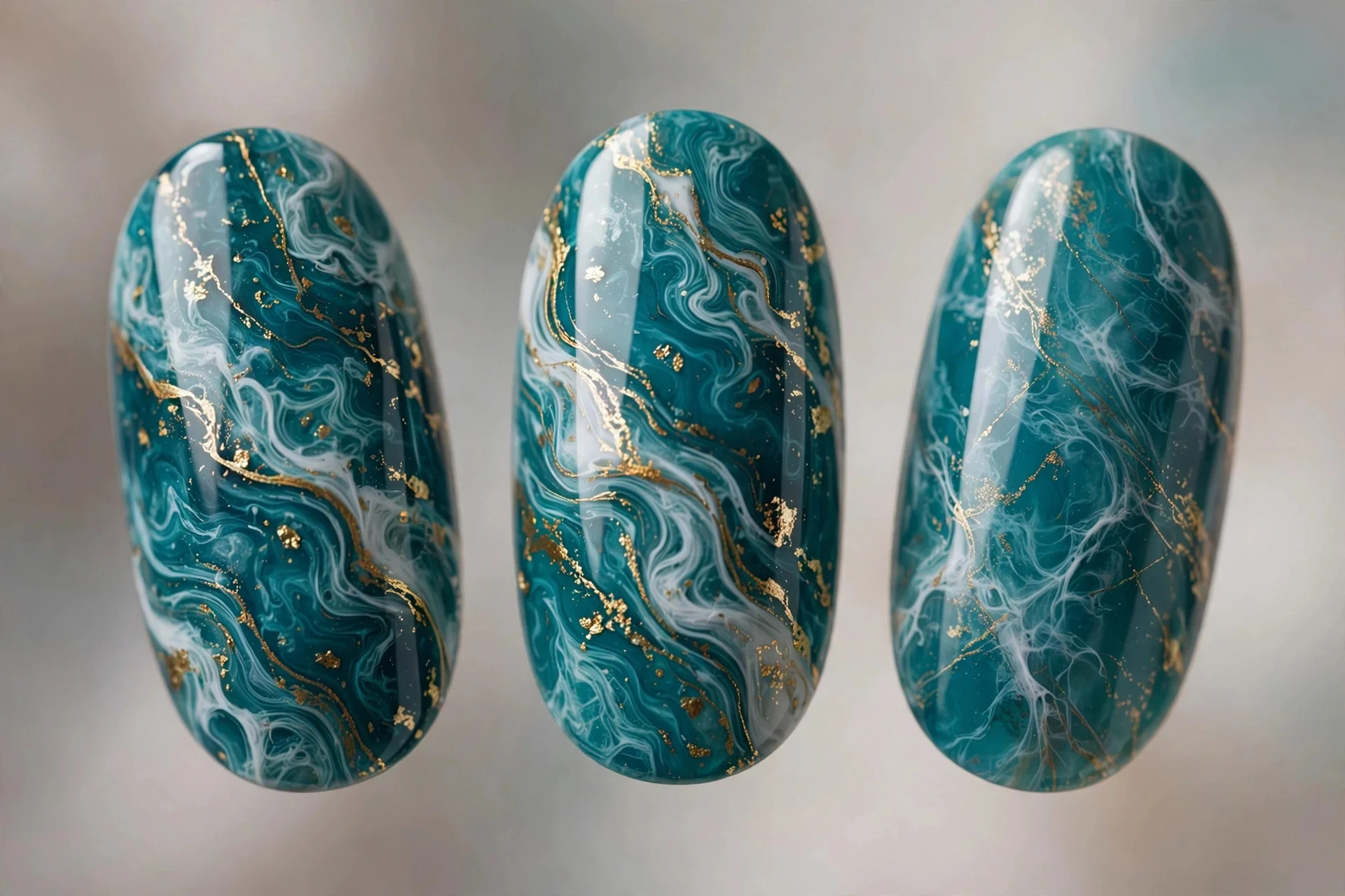 Teal marble with white and gold veining, almond nails