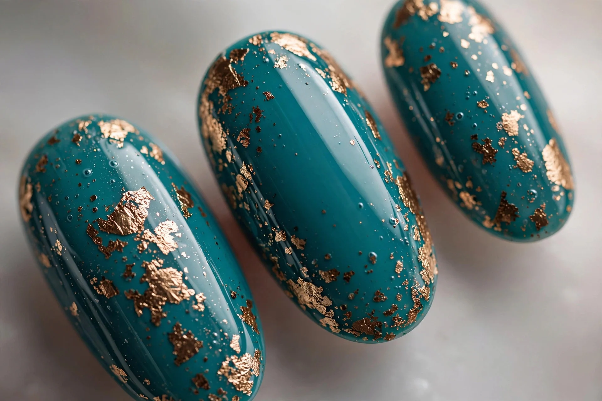 Teal nails with bronze foil flakes, almond nails, glossy