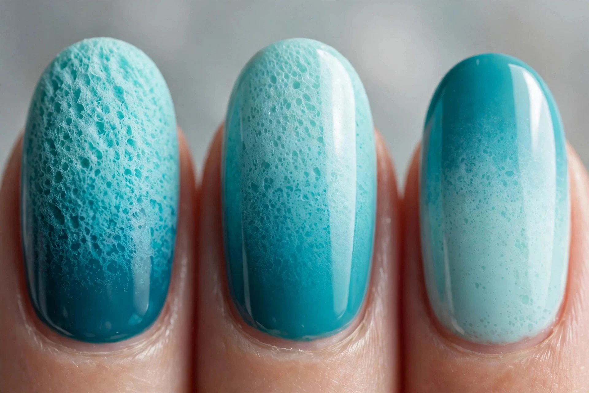 Dark to light turquoise sponged gradient, oval nails, glossy