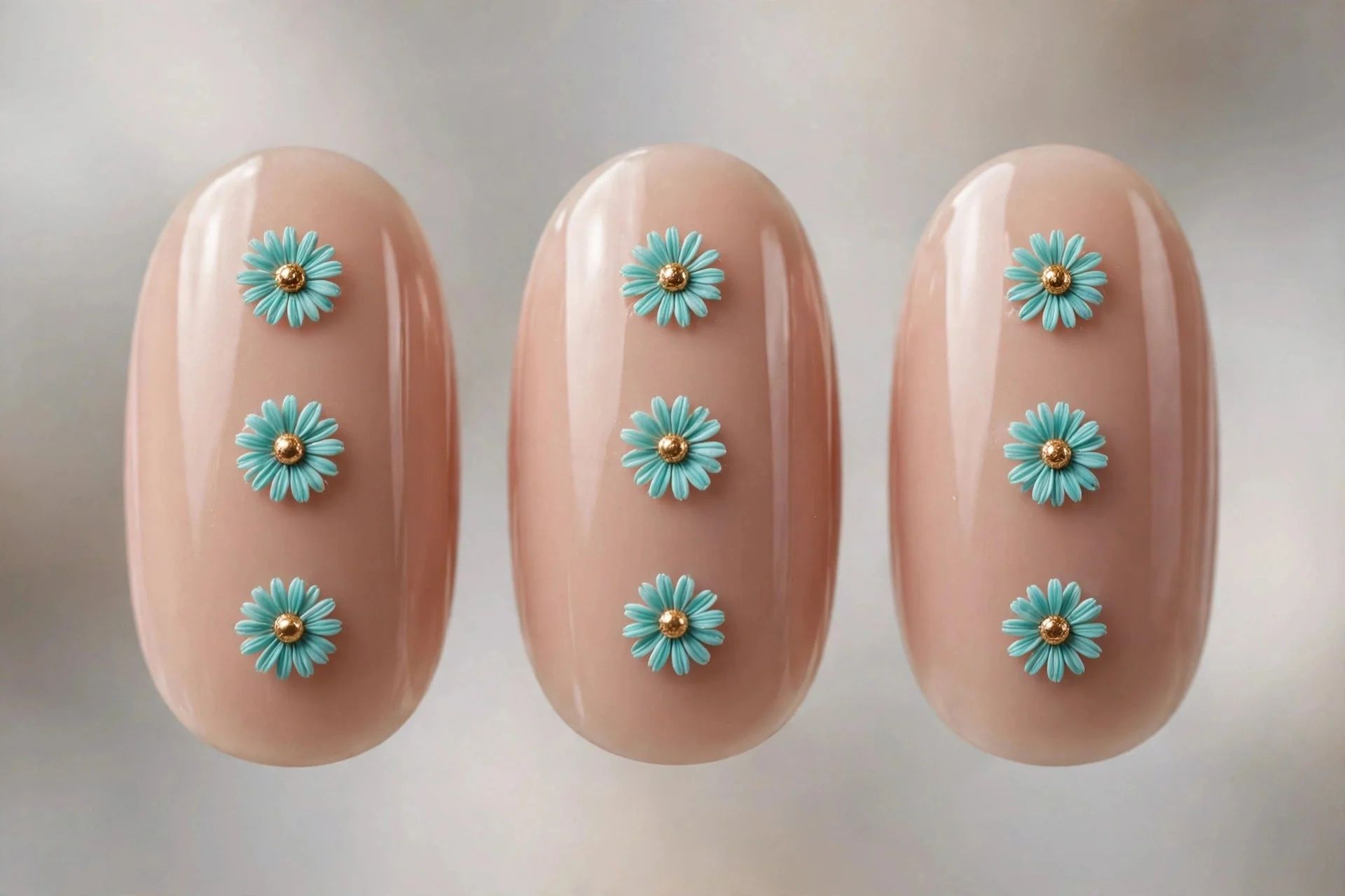 Nude nails with turquoise daisy dot flowers, gold centres, oval