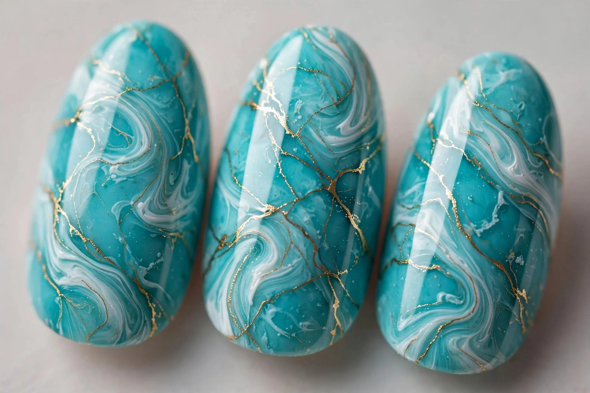 Turquoise marble with white swirls and gold veining, almond