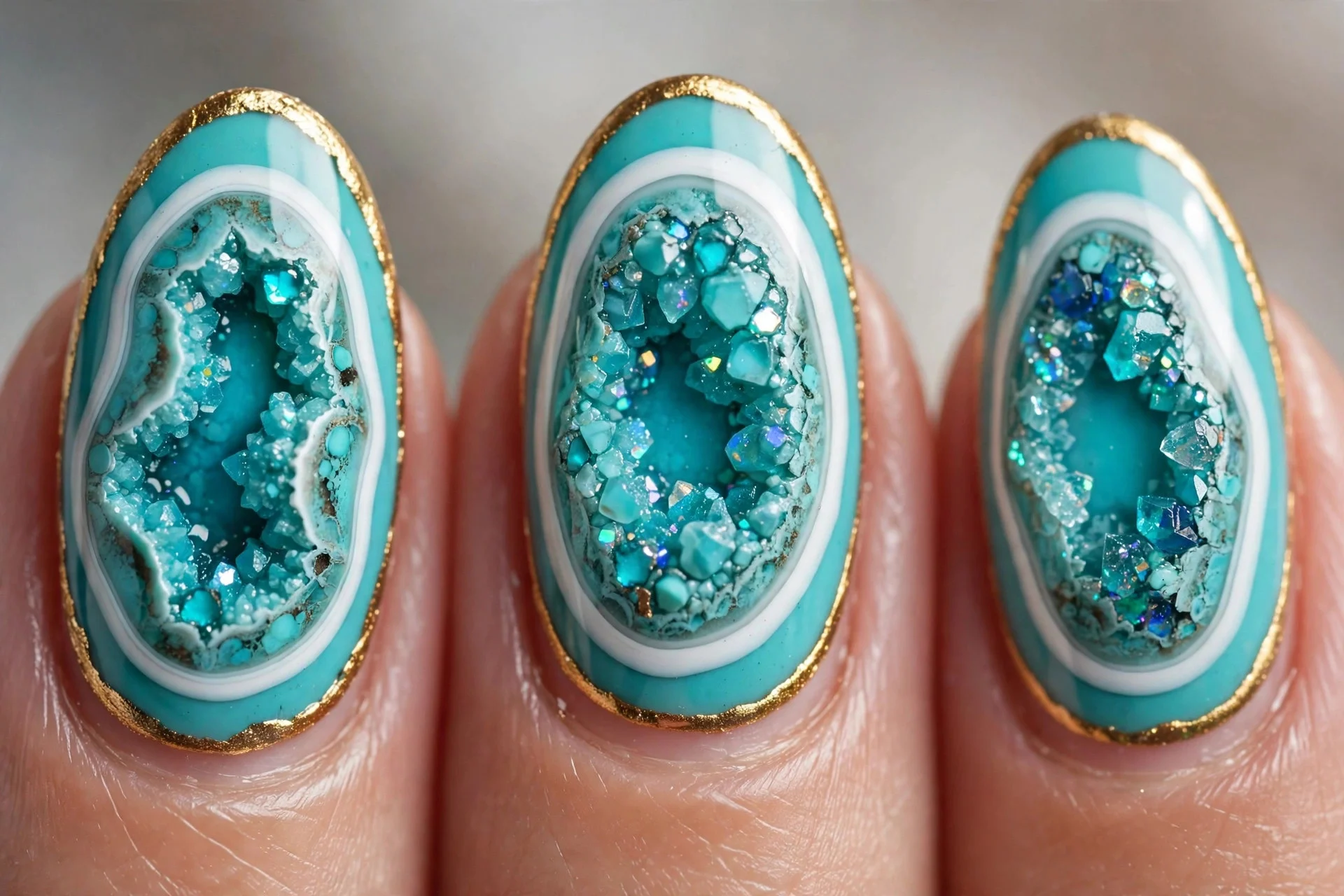Turquoise geode nail art with white ring and gold edge, almond
