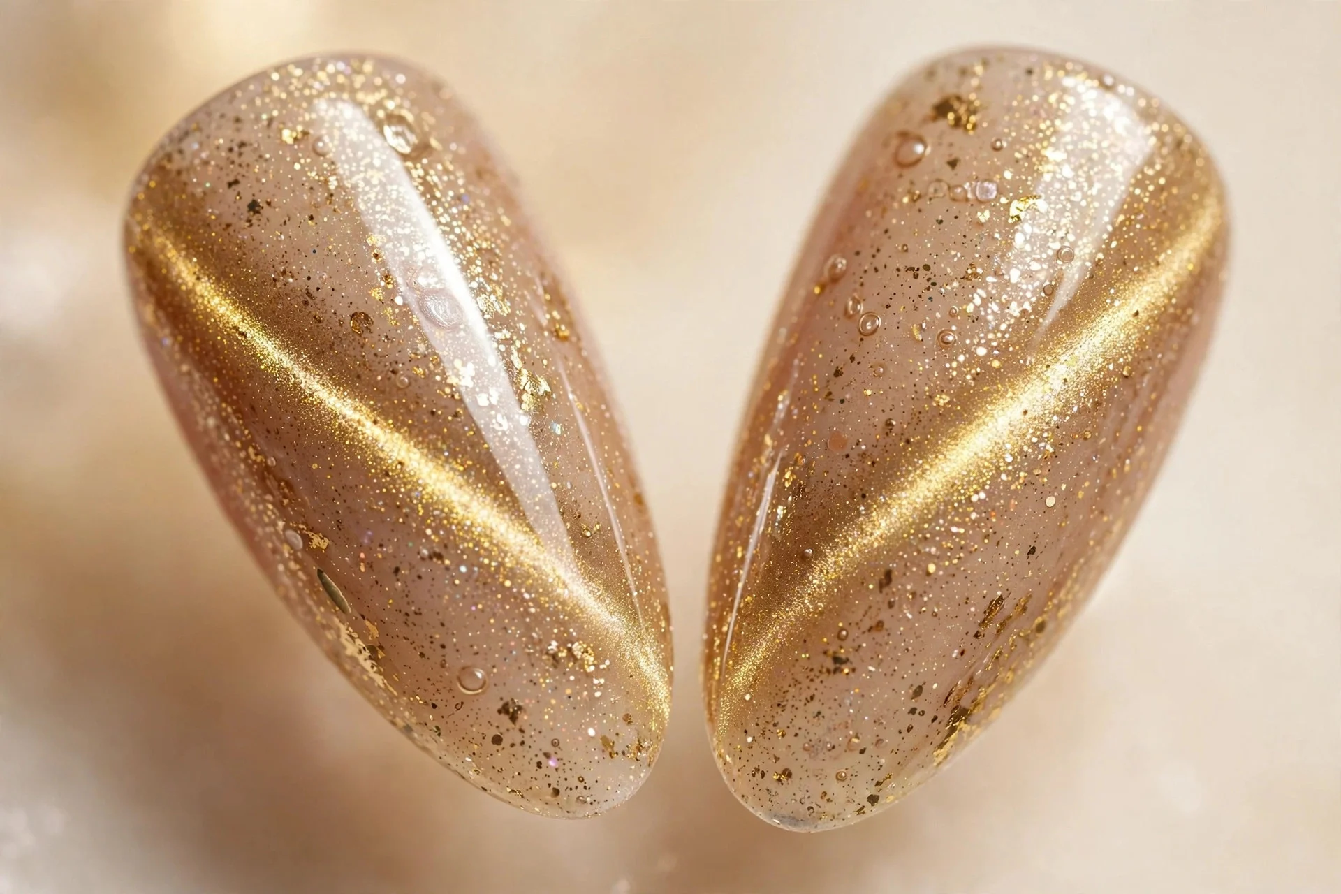 Extreme macro of two almond fingernails, champagne cat-eye gel, deep gold band, glossy, cream background