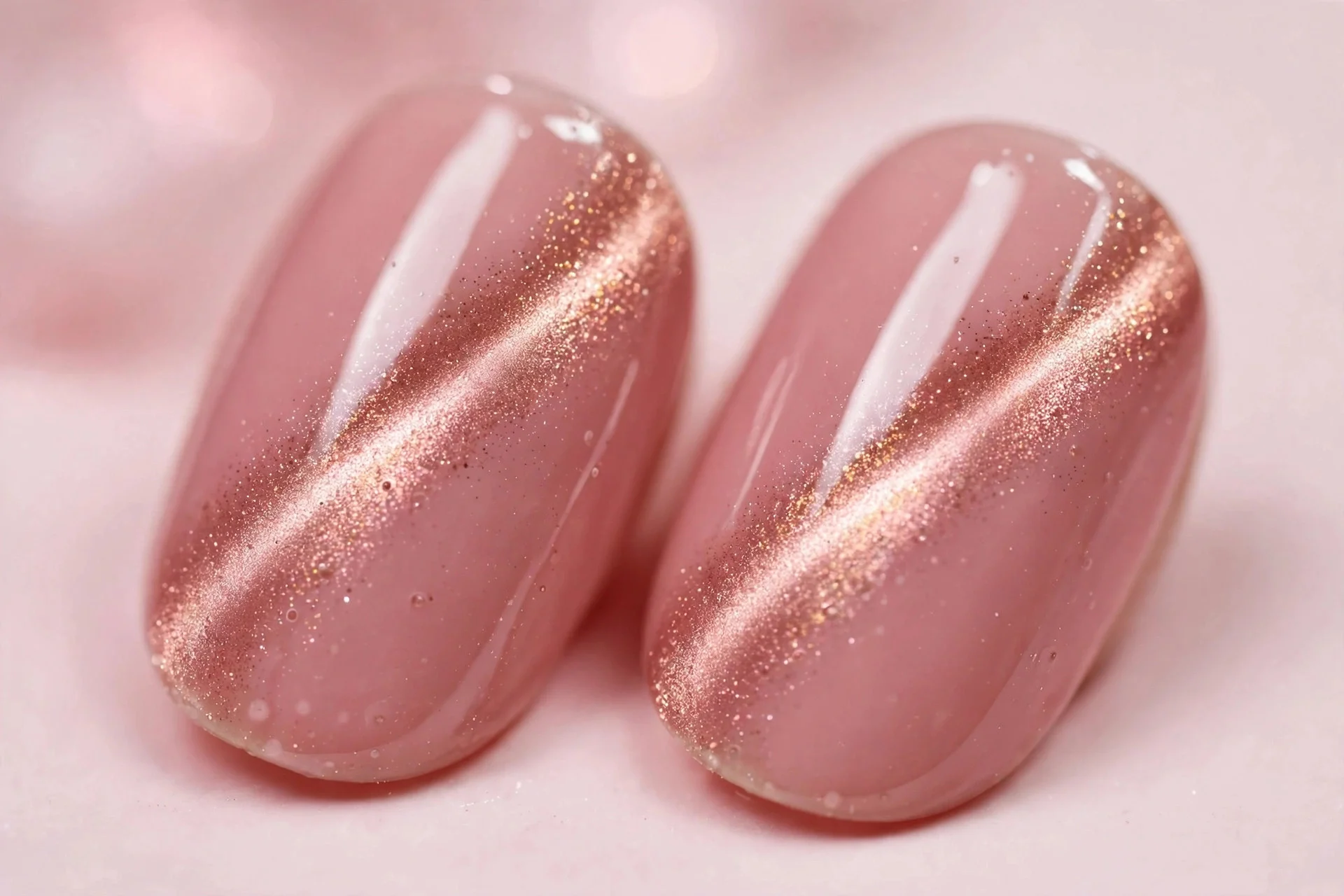 Extreme macro of two short oval fingernails, blush pink cat-eye gel, rose gold glow, glossy, pale pink background