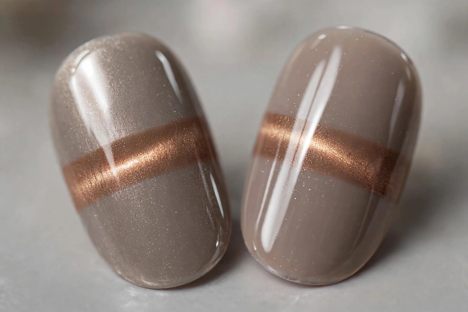 Extreme macro of two oval fingernails, cool taupe cat-eye gel, warm mocha band, glossy, gray background