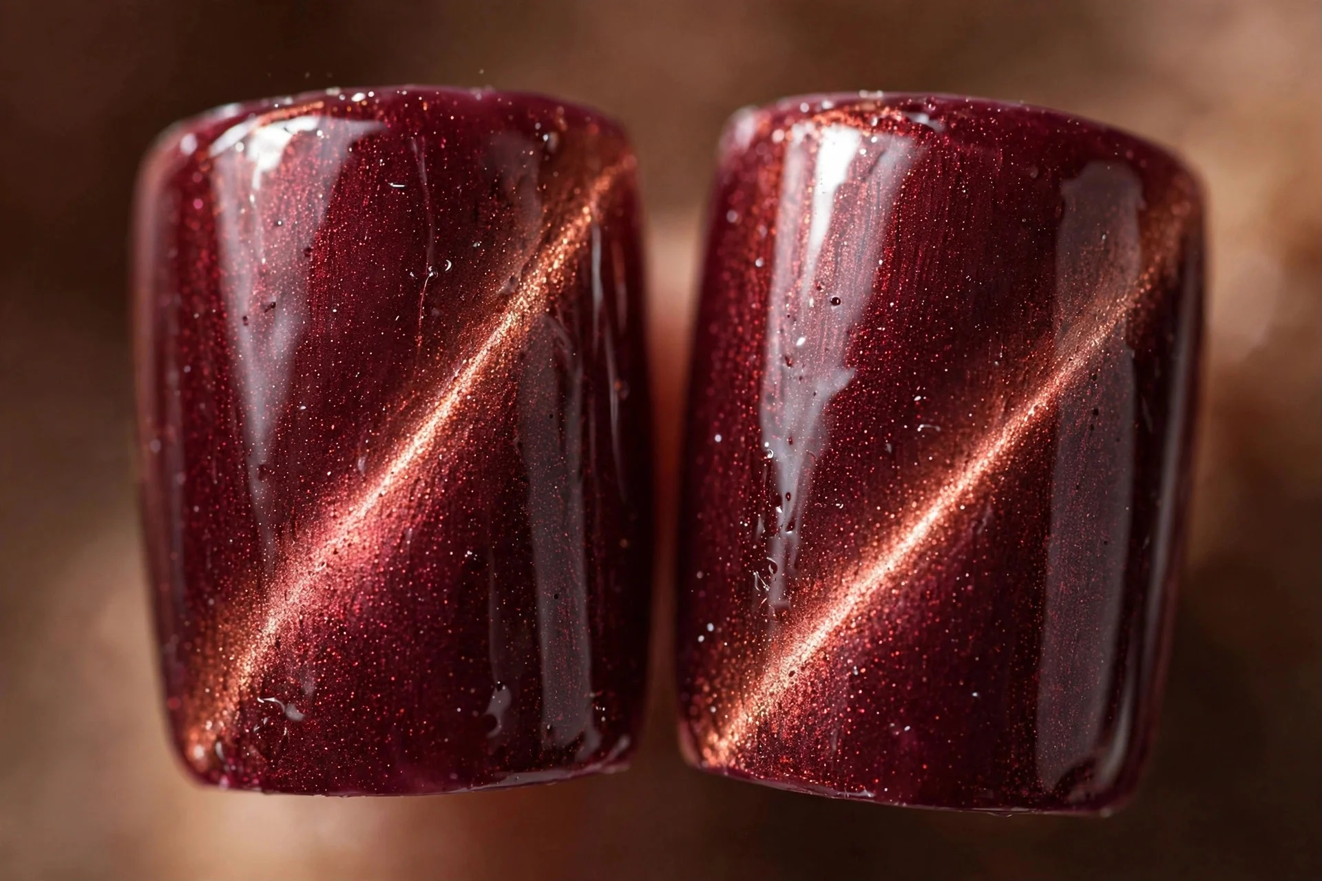 Extreme macro of two short square fingernails, burgundy cat-eye gel, copper band, glossy, warm brown background