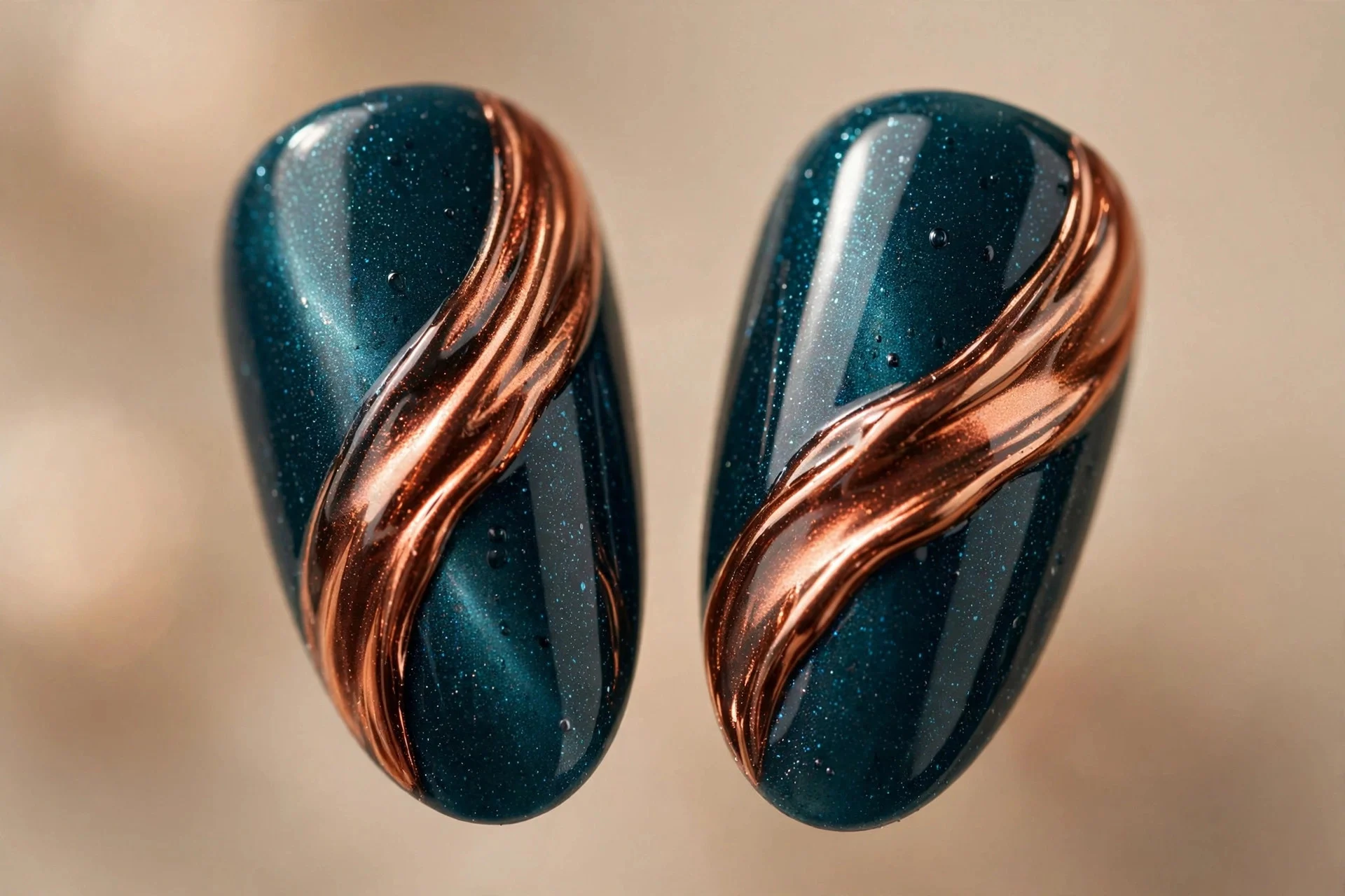 Extreme macro of two almond fingernails, deep teal cat-eye gel, molten copper band, glossy, beige background