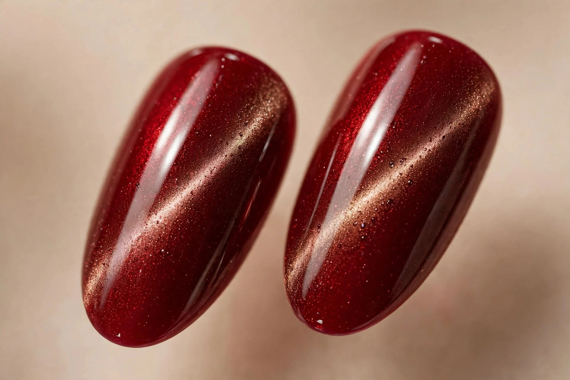 Extreme macro of two almond fingernails, cherry red cat-eye gel, bronze band, glossy, beige background