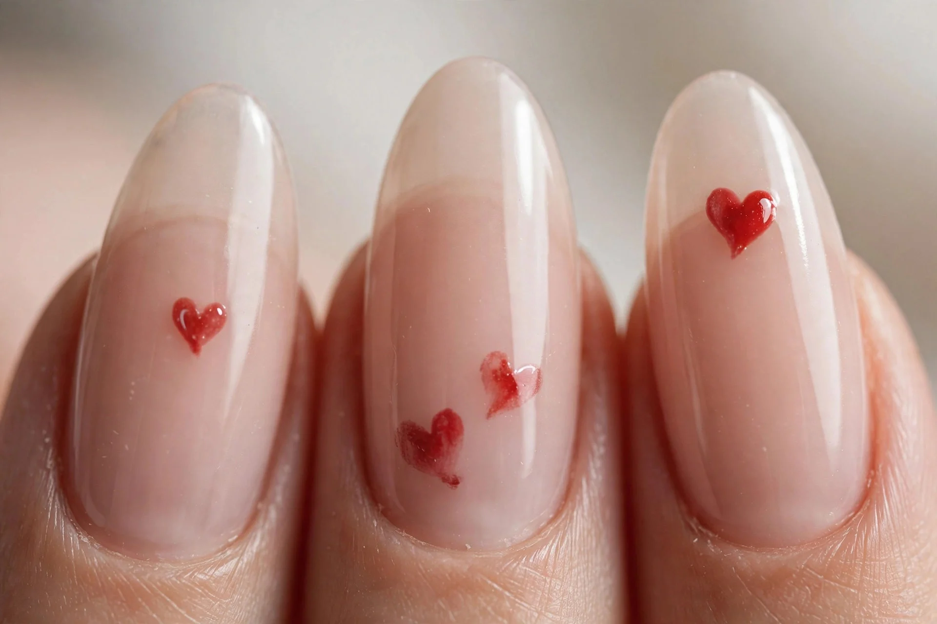 Red hearts on sheer nude almond nails