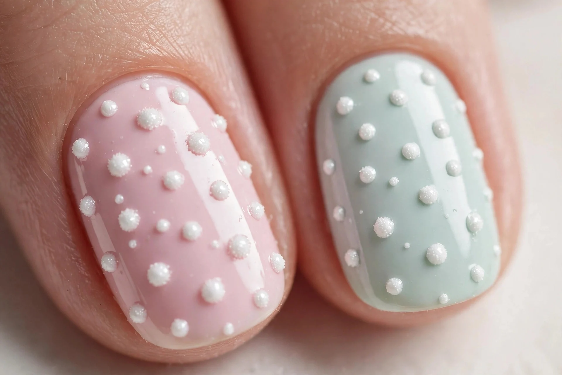 Pastel nails with white candy dots