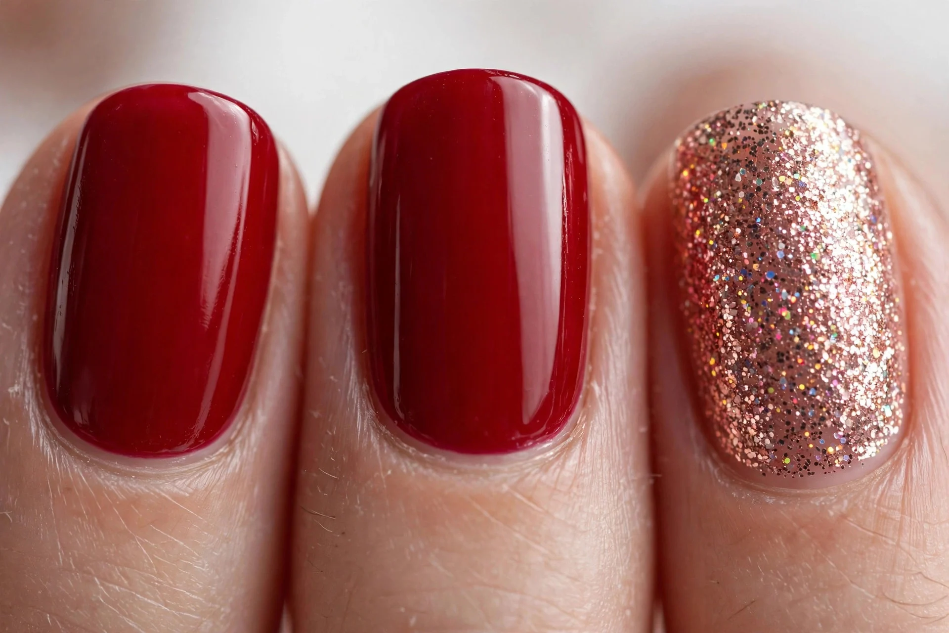 Red nails, rose-gold glitter accent nail