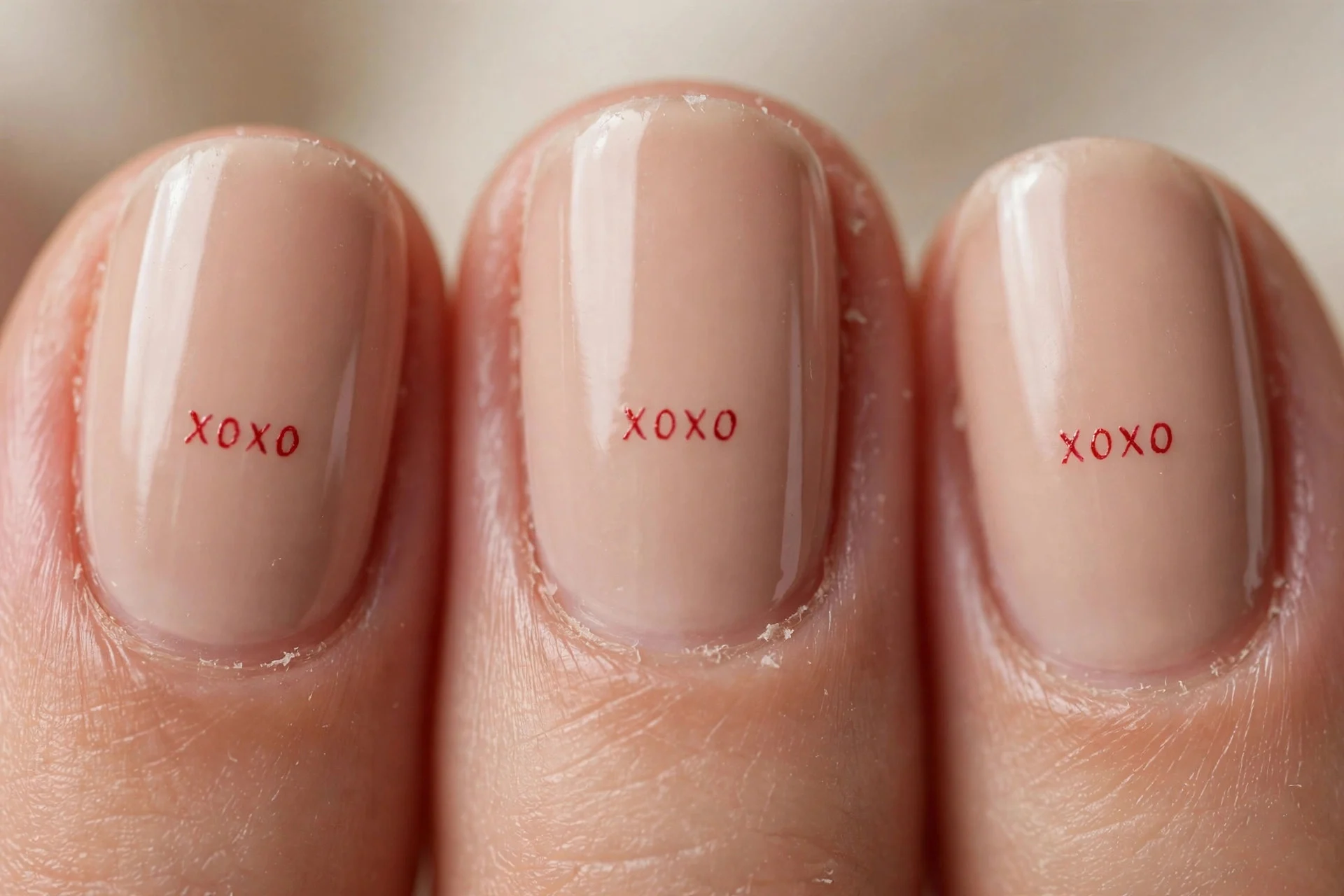 Nude nails with tiny red XOXO letters