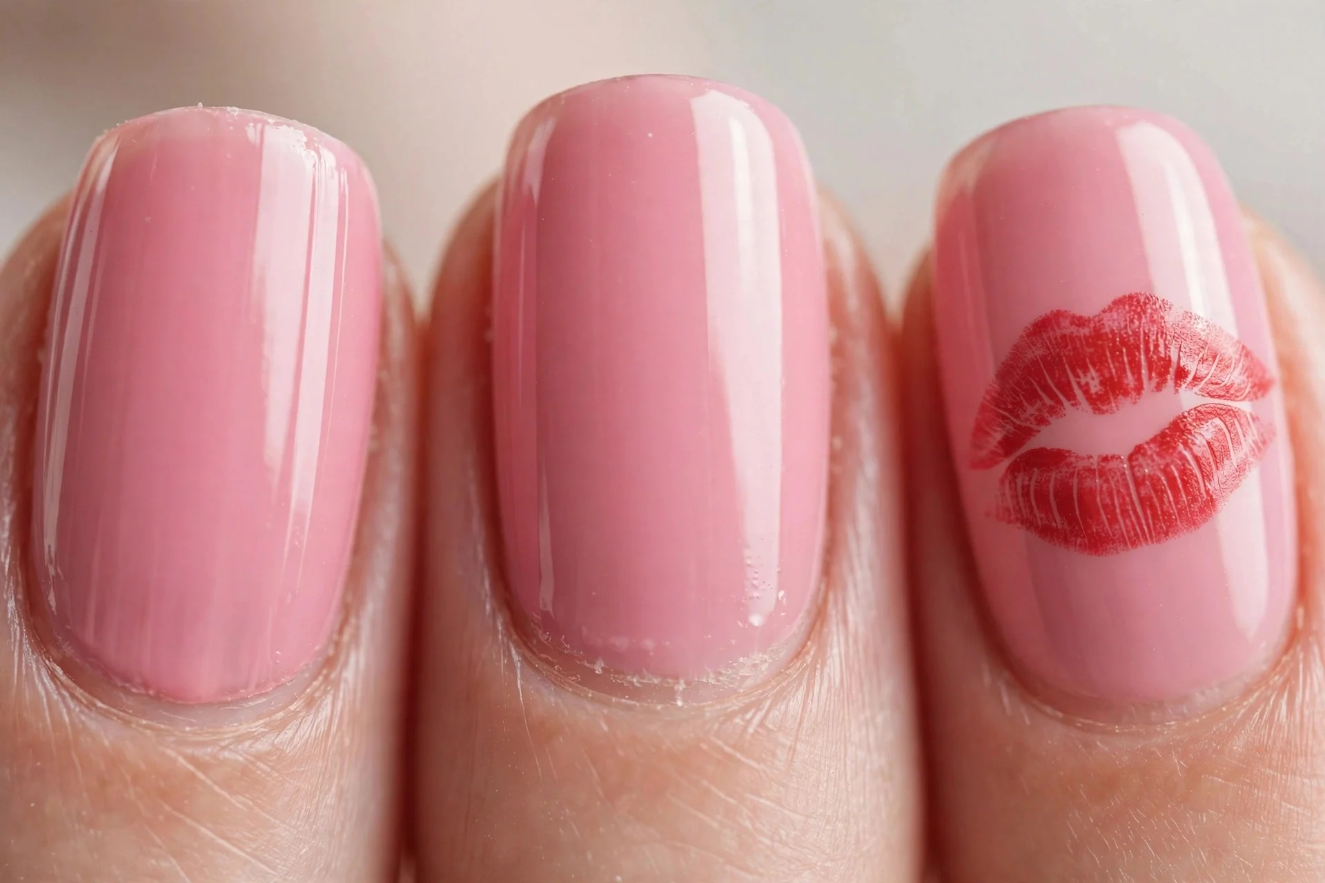 Pink nails, red kiss print accent