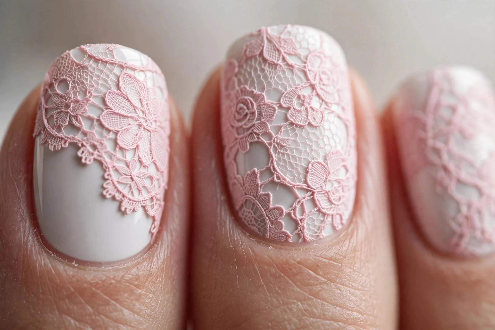 White nails, pink lace overlay pattern