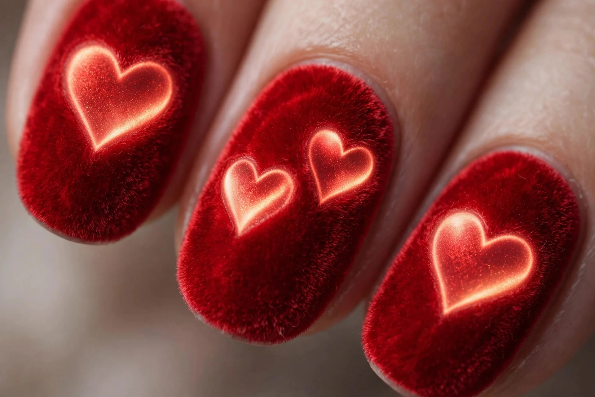Red velvet cat-eye hearts, glowing