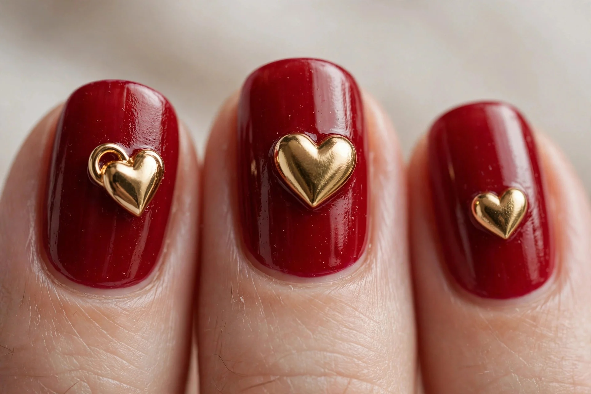 Red nails, 3D gold heart charms