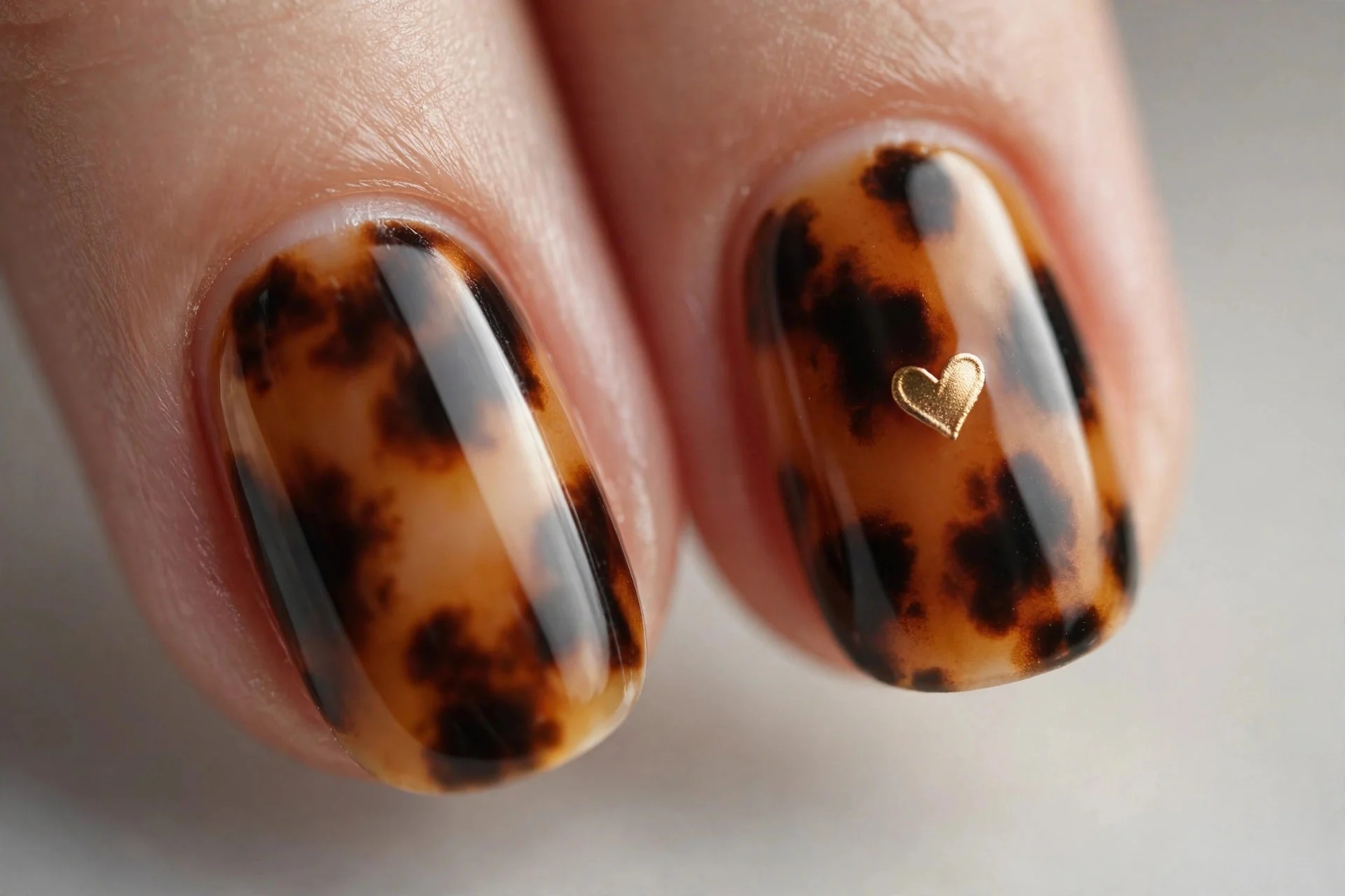 Tortoiseshell nails, gold heart accent