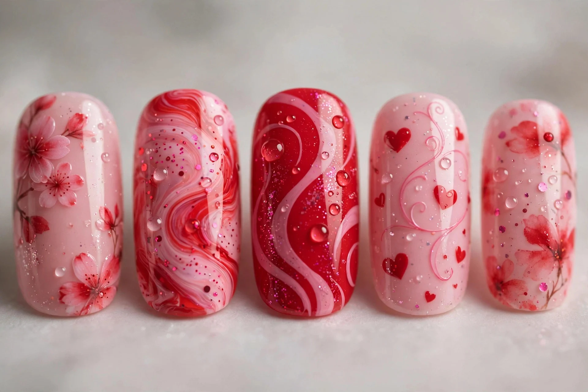 Mixed red and pink designs, five nails