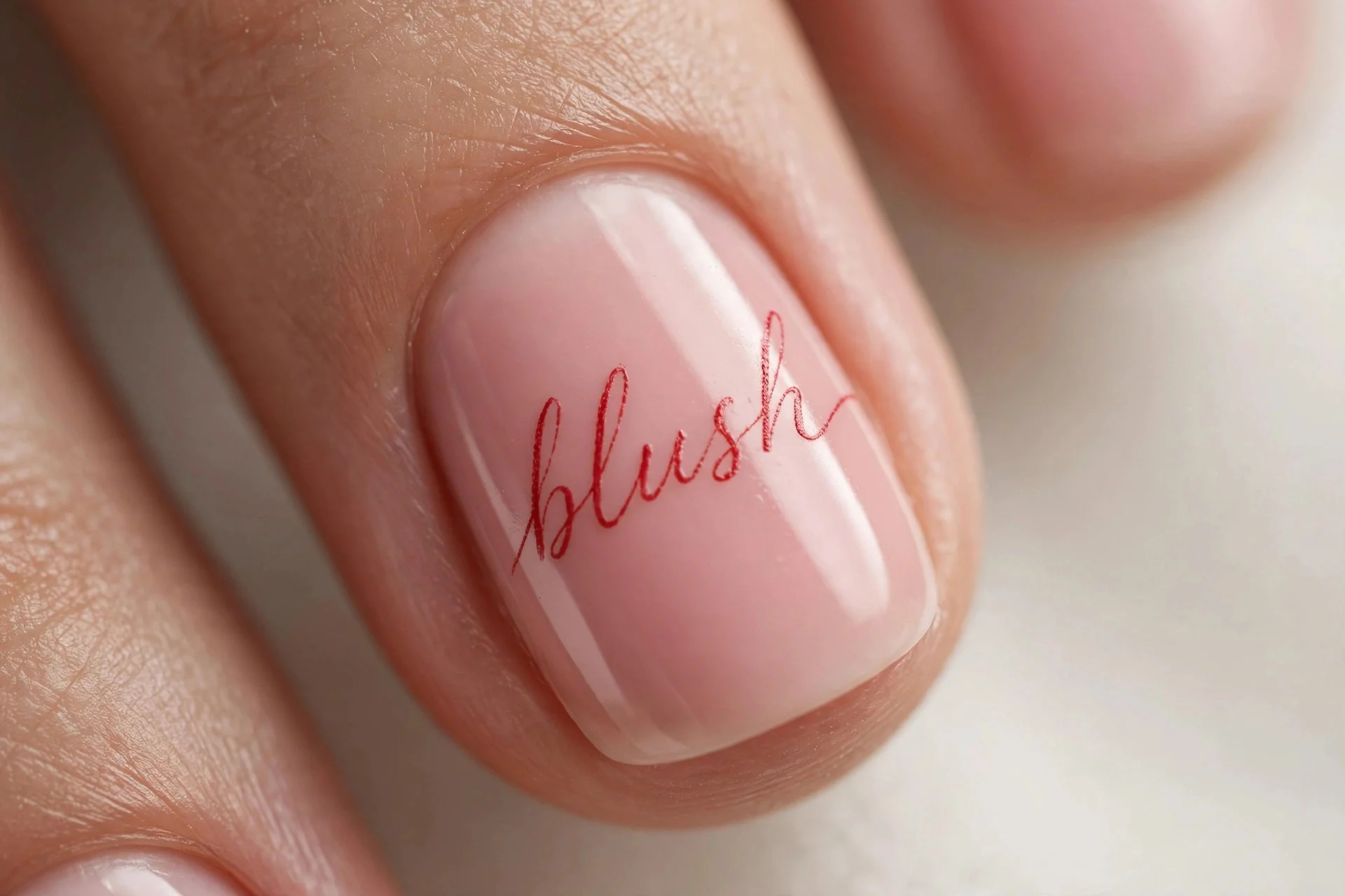 Blush nails, red scripted words