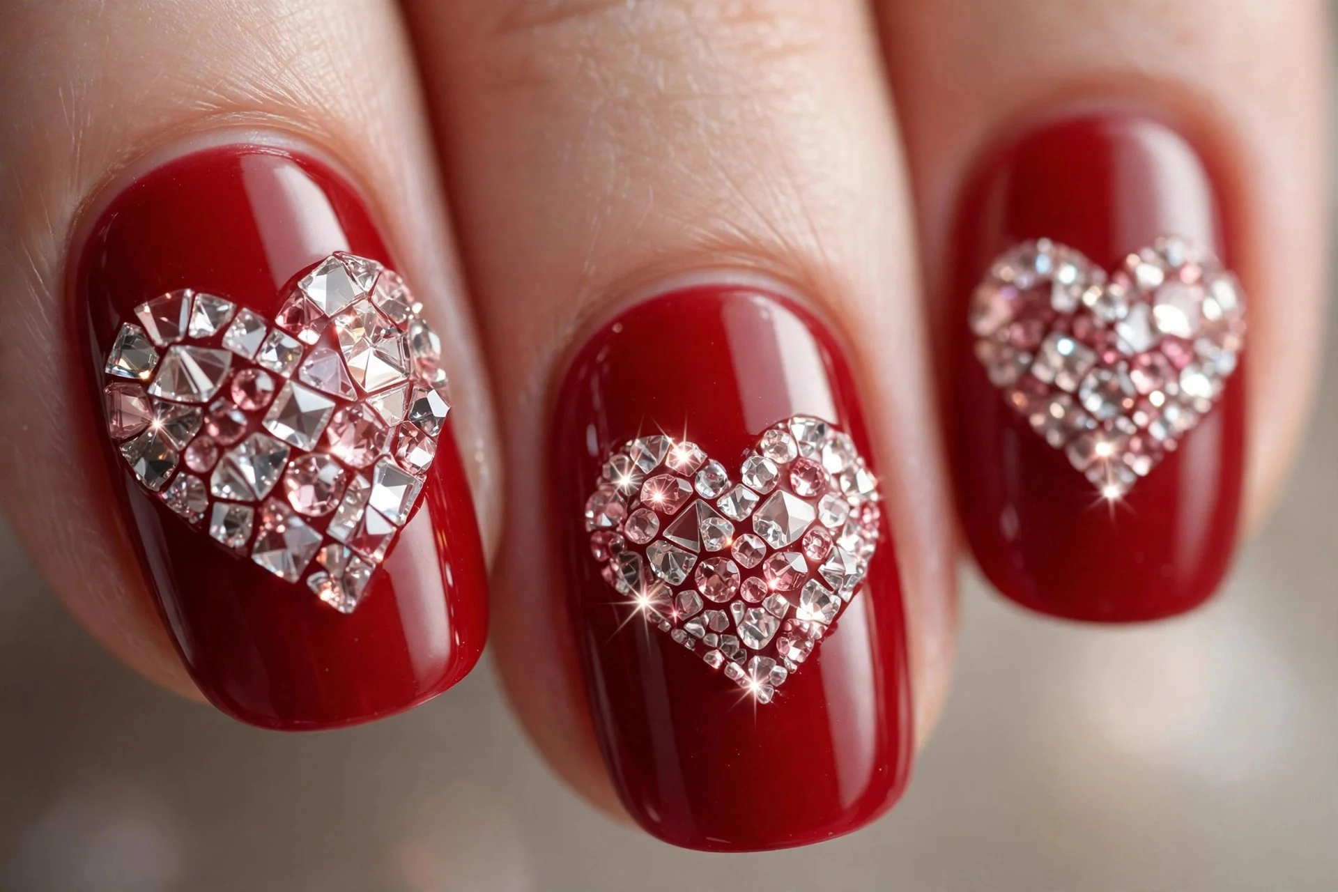Crystal heart mosaic on red nail