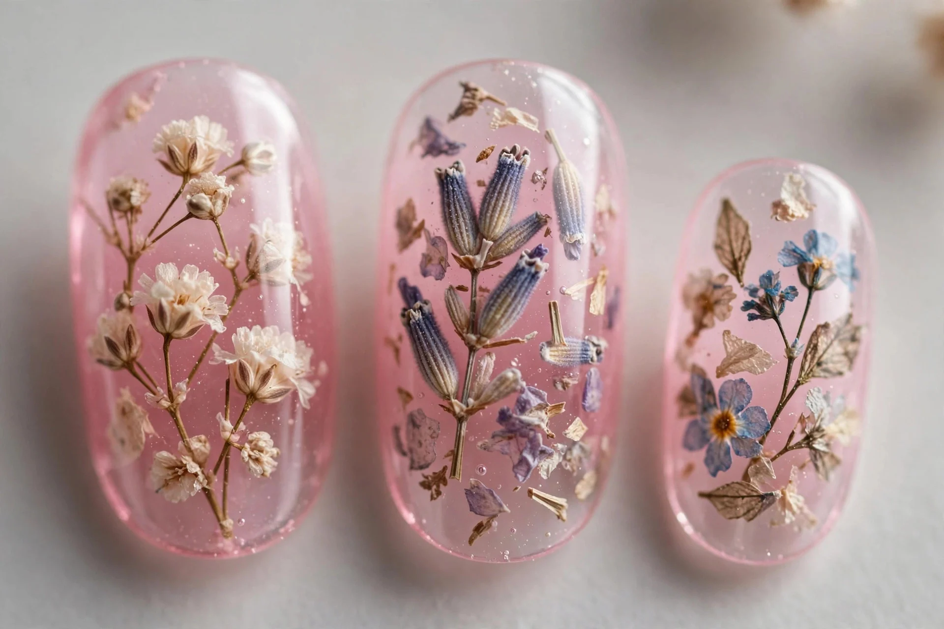 Dried flowers in sheer pink nails