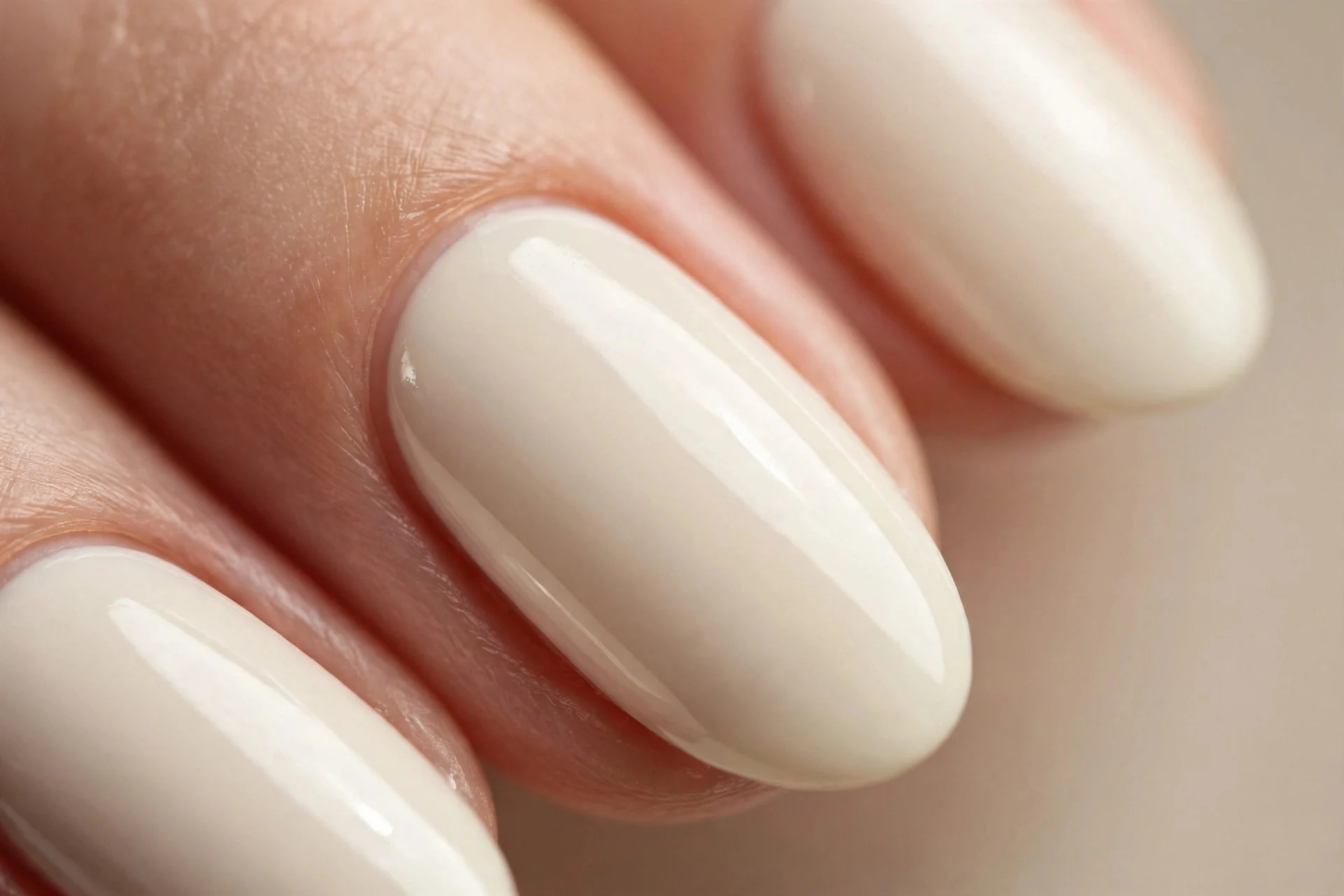 Almond nails in classic vanilla ivory creme polish, glossy, beige background