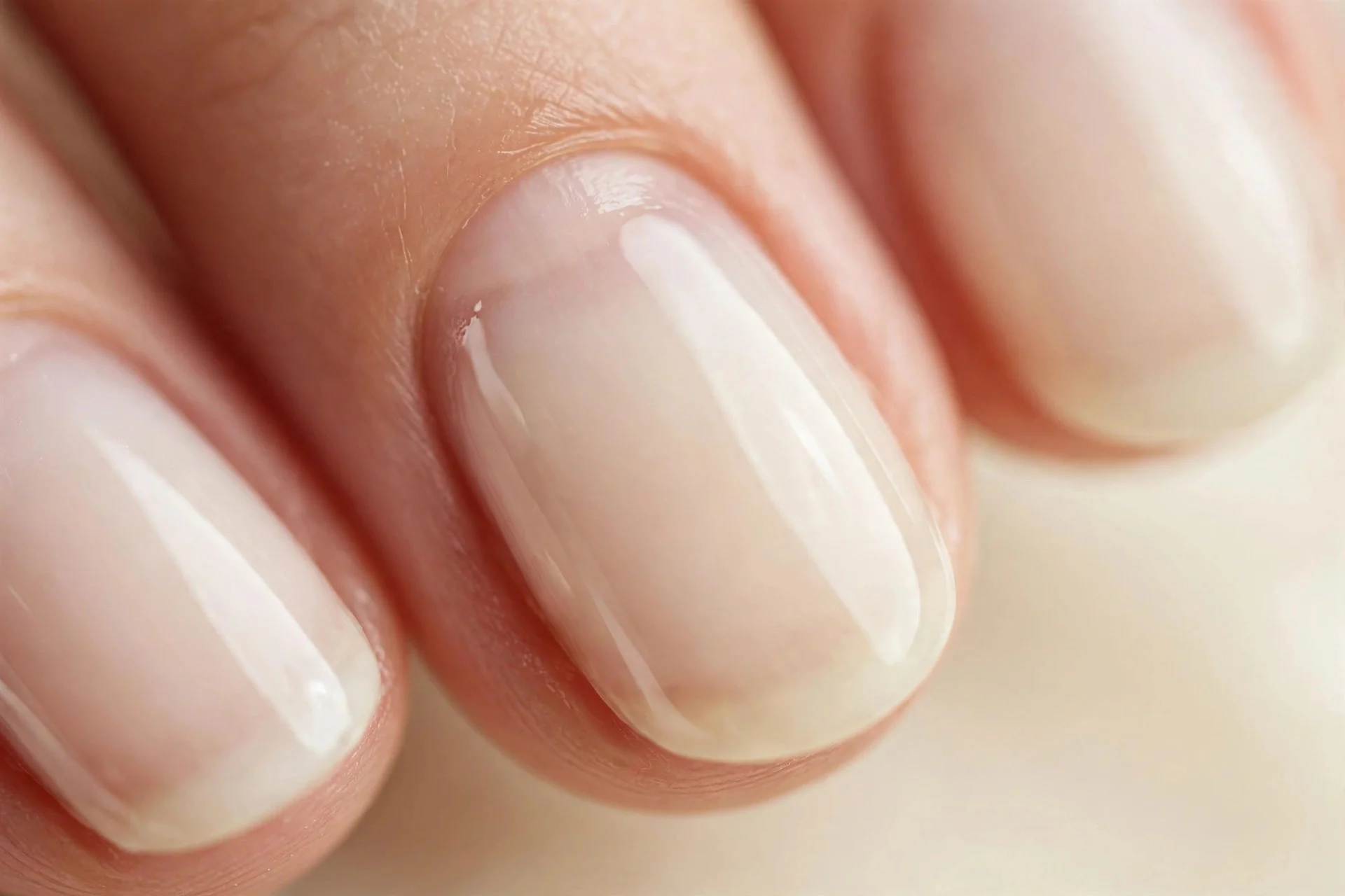 Oval nails with sheer milky vanilla jelly wash, natural nail visible, glossy, cream background