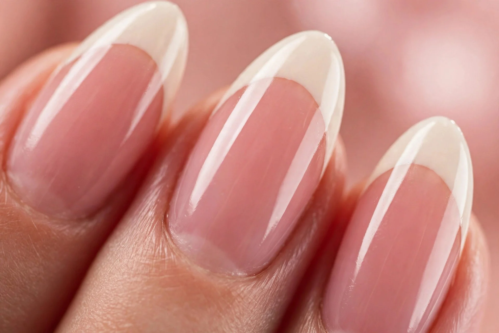Almond nails with vanilla ivory French tips over sheer warm pink, glossy, blush background