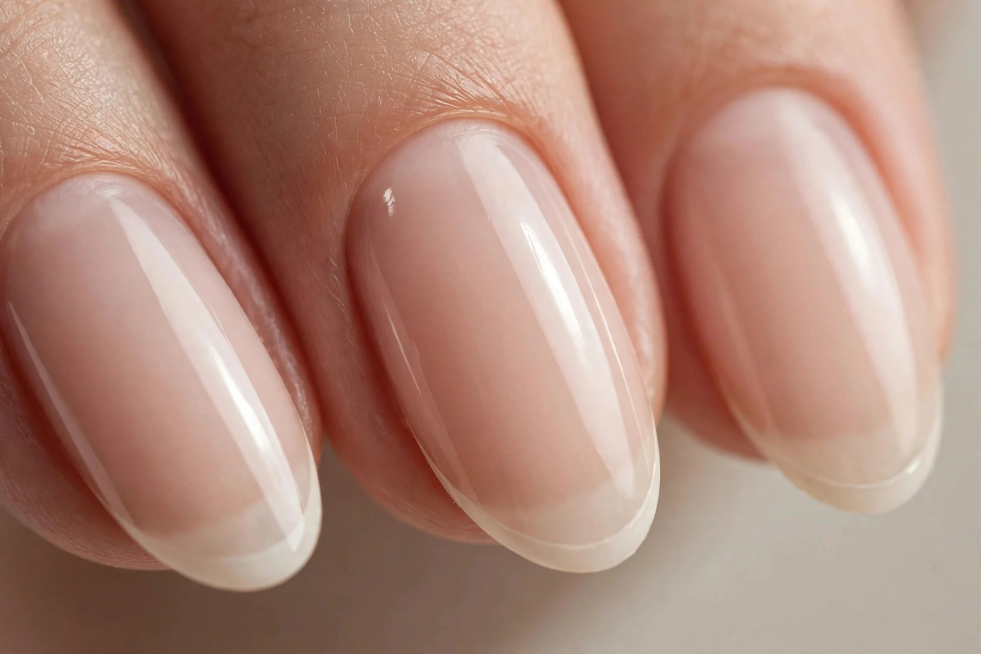 Almond nails with thin micro French tips in vanilla ivory over sheer nude, glossy, neutral background