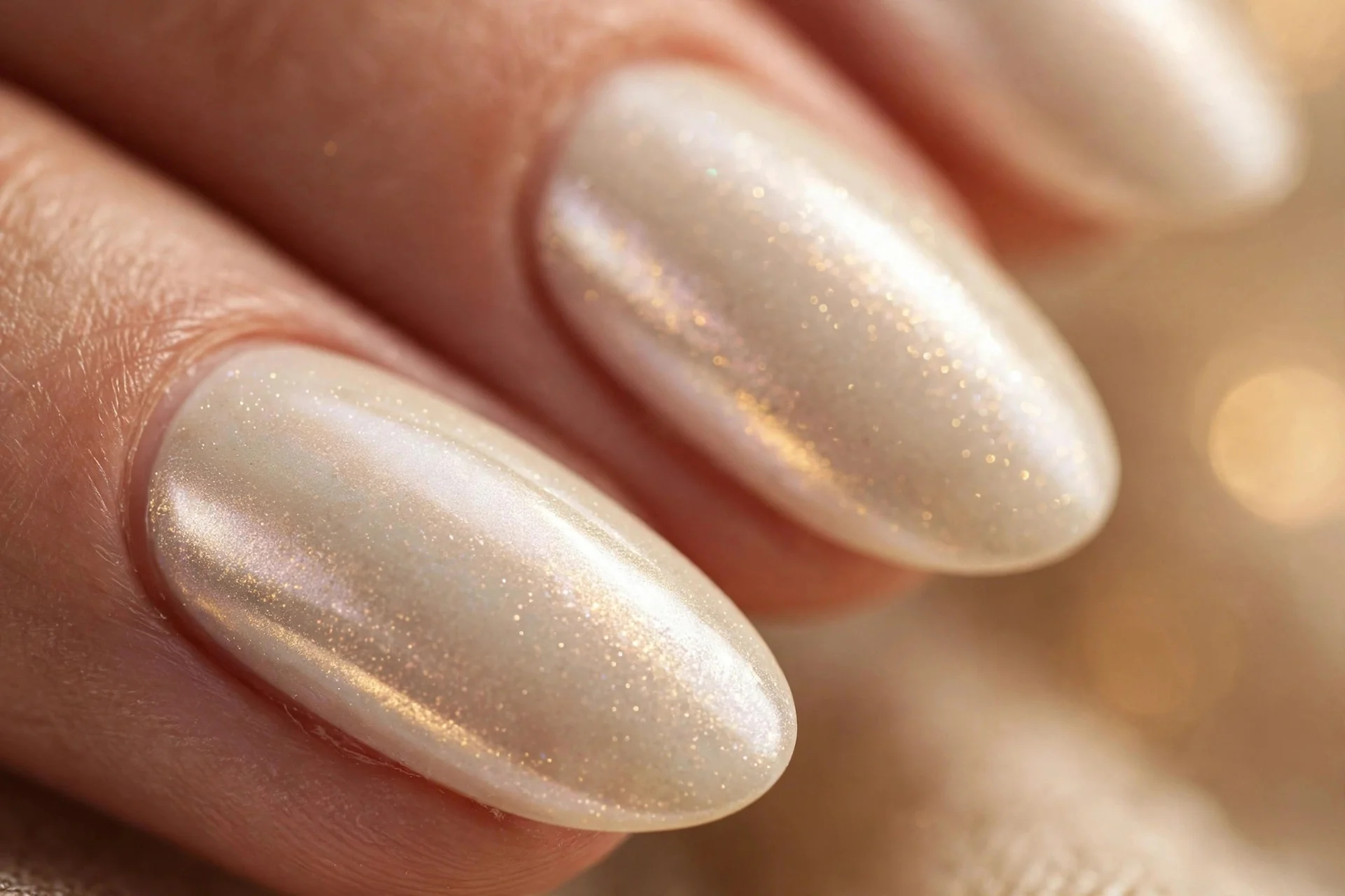 Almond nails with vanilla creme and pearl chrome glaze, soft shimmer, warm background