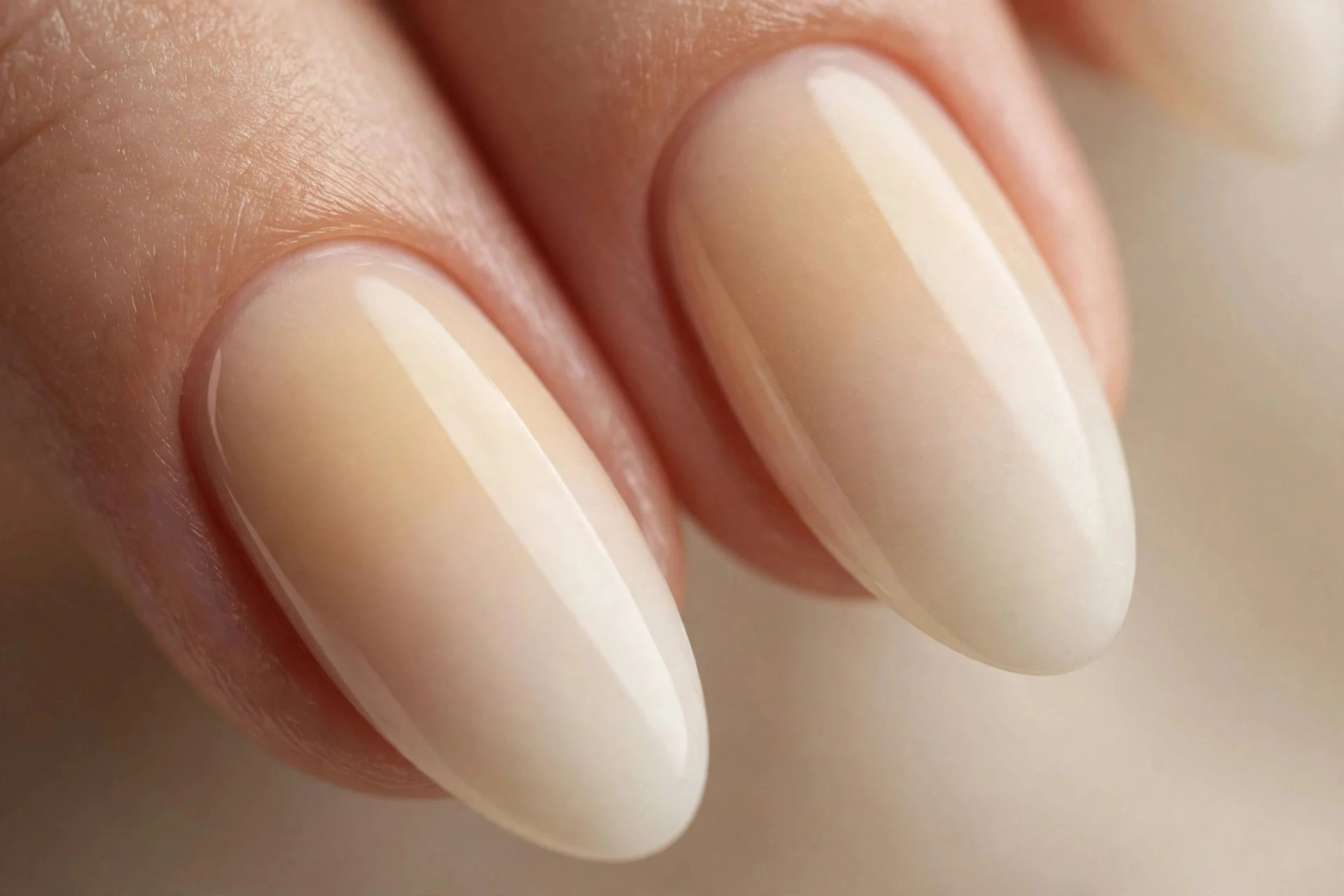 Almond nails with soft vanilla-to-cream ombre, subtle gradient, glossy, beige background