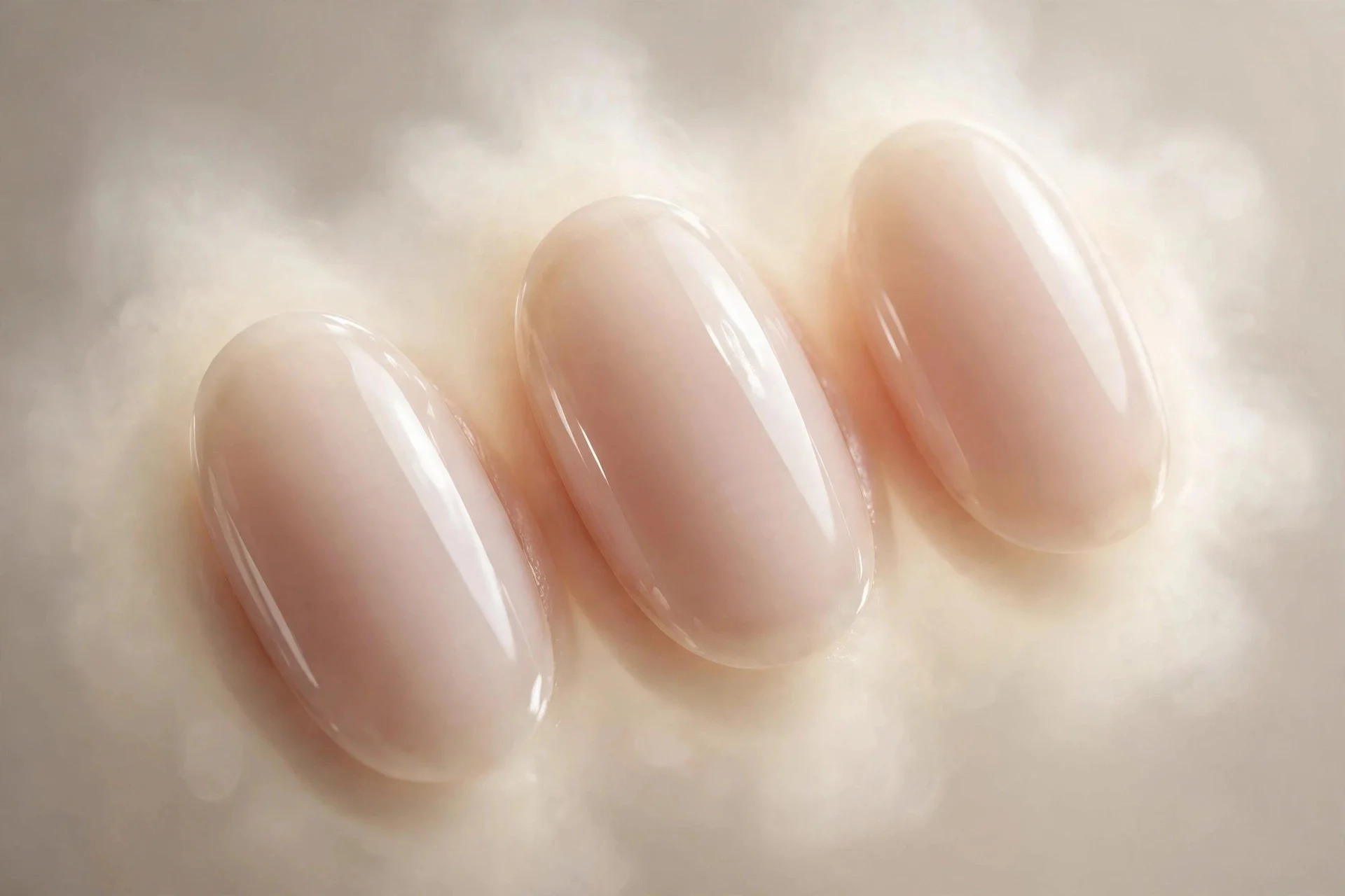 Oval nails with soft vanilla aura bloomed over sheer base, dreamy cream glow, glossy, neutral background
