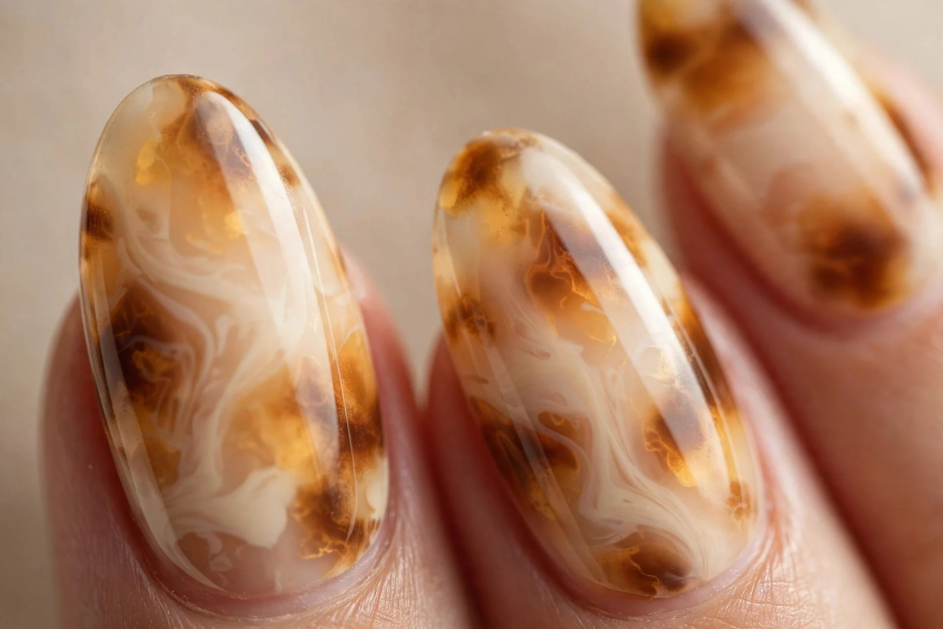 Almond nails with light vanilla tortoise pattern, soft caramel patches, glossy, beige background