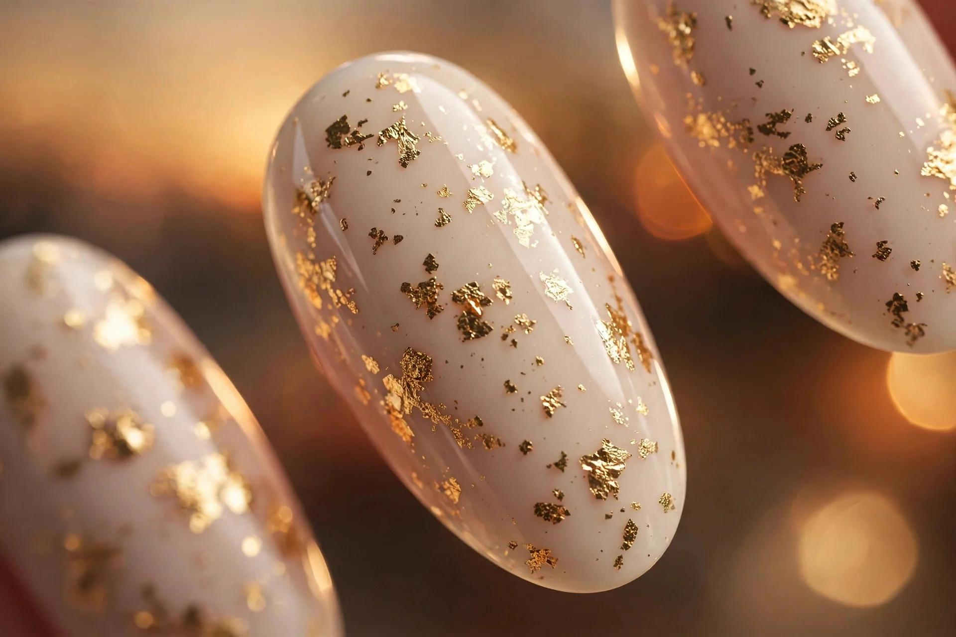 Almond nails in vanilla creme with scattered gold foil flakes, evening glow, glossy, warm background