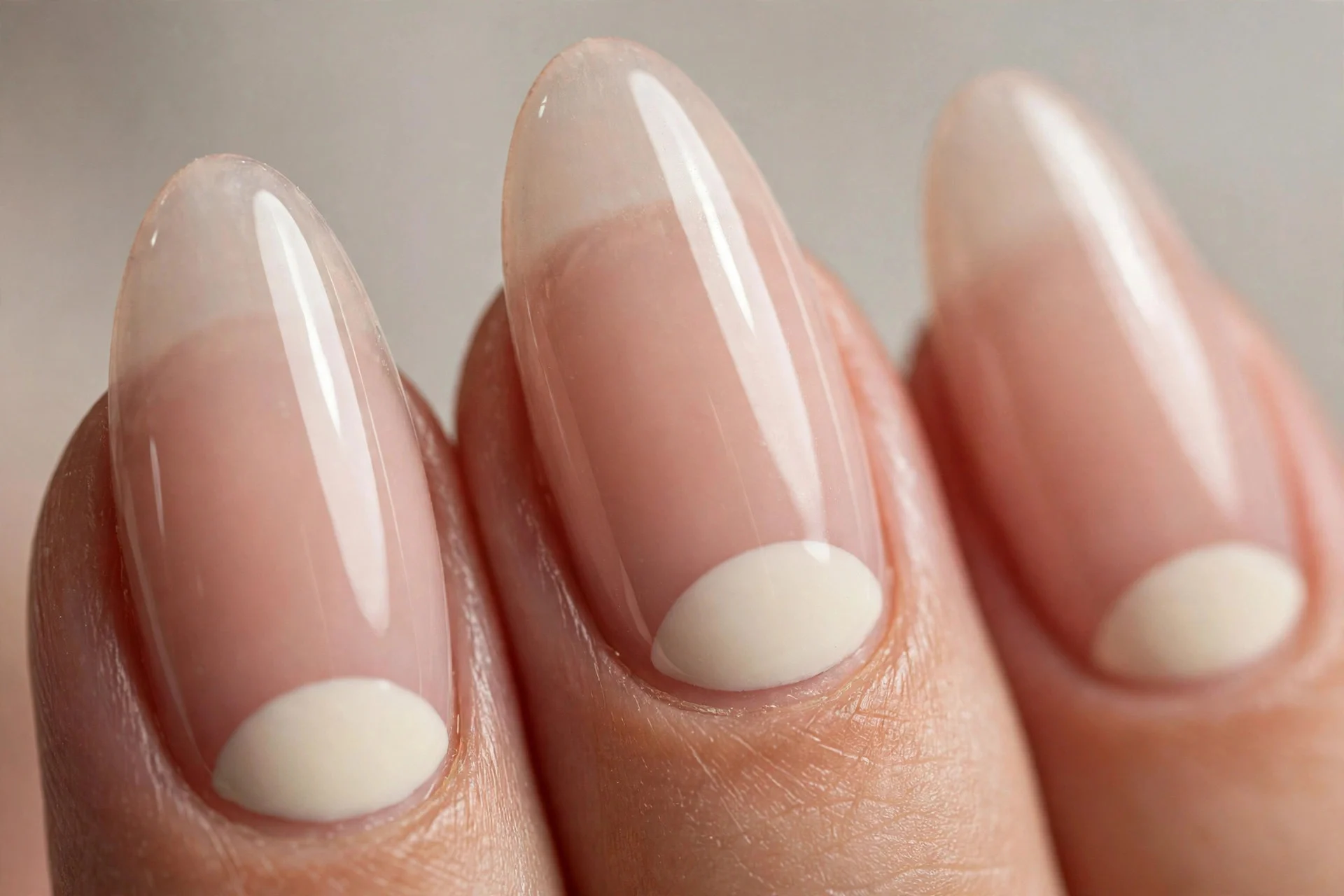 Almond nails with sheer nude base and vanilla ivory half moon at cuticle, negative space, glossy, neutral background
